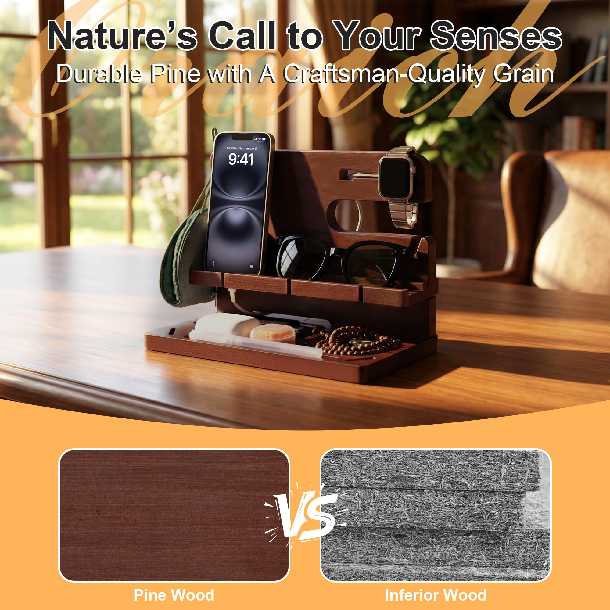 Oraich Station d'accueil de téléphone en bois pour homme, table de nuit et organisateur de bureau, support de charge pour téléphone, montre, portefeuille, clés et essentiels (version standard)