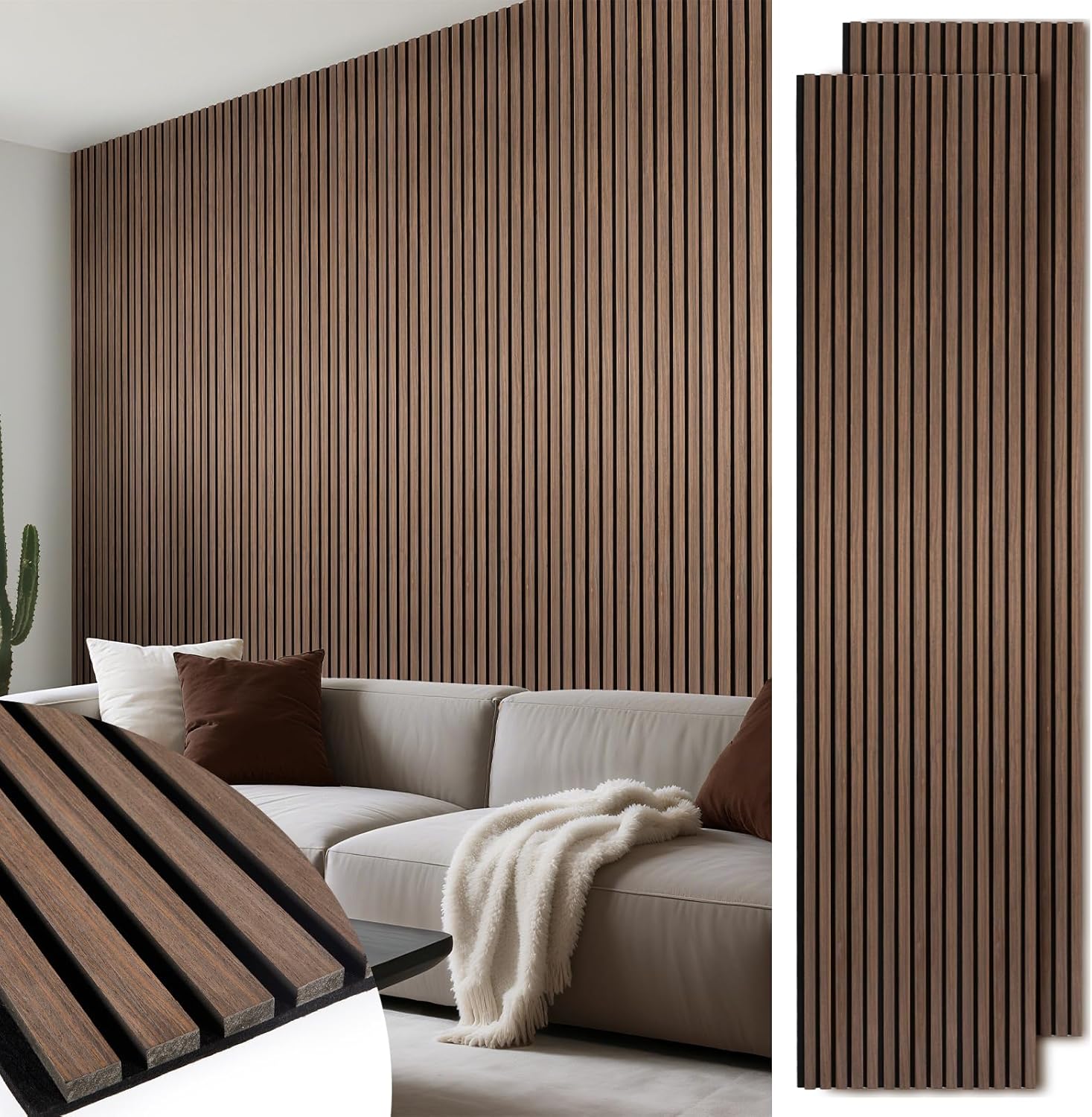 Wood Slat Wall Panels 2 Pack 106" x 23.6", Acoustic Wooden Panel for Wall, Soundproof 3D Fluted Panels for Interior Wall Decor, Living Room, Bedroom - Walnut (Cover Approx.35 sq.ft) 106*47.2 inch Walnut