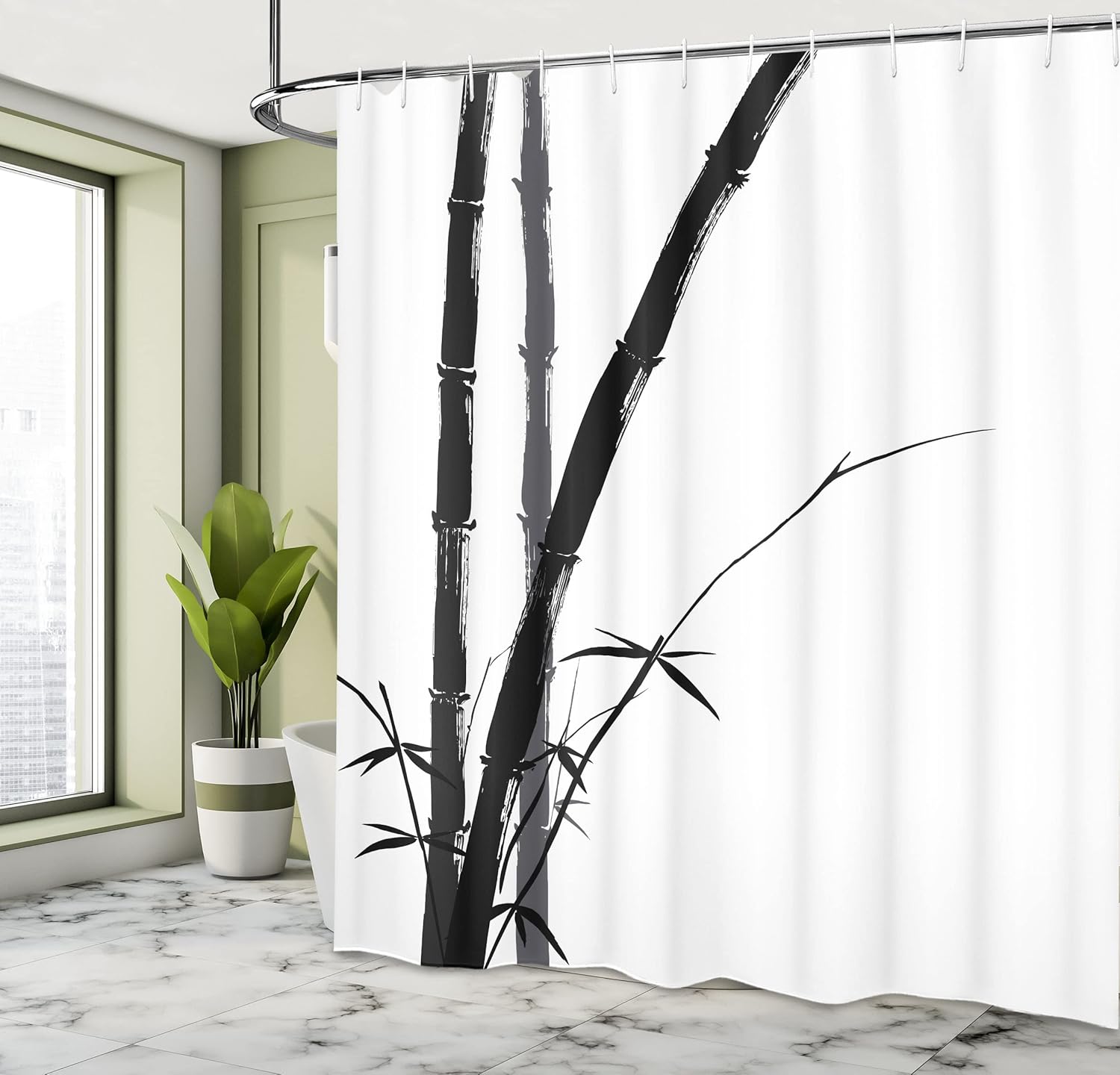 Ambesonne Exotic Shower Curtain, Feng Shui Watercolor Japanese Ink Art Boho Bamboo Branches, Cloth Fabric Bathroom Decor Set with Hooks, 69" W x 70" L, Charcoal White