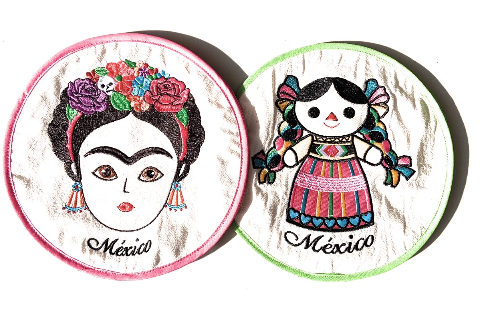 Grahmart Two Sided Pack of 2 Real Mexican Tortilla Warmer 9”, Microwaveable Cotton Fabric Pouch - Tortillero de Tela (Frida and Mexican Doll)