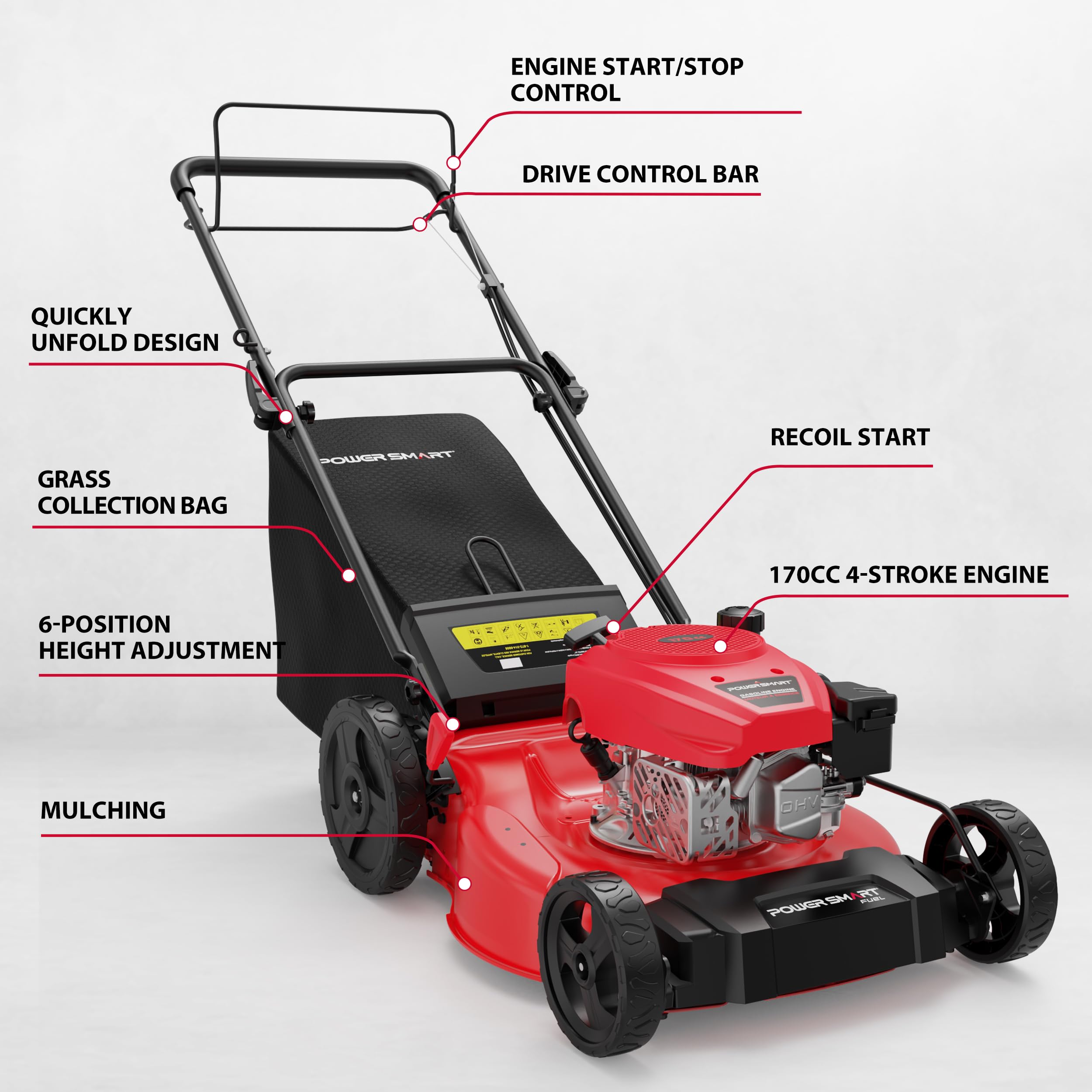PowerSmart Cortacésped autopropulsado de gas 3 en 1 de 21 pulgadas, motor OHV de 170 cc, embolsado/mantillo/descarga trasera, 6 alturas de corte, cubierta de acero duradero, tracción trasera, para