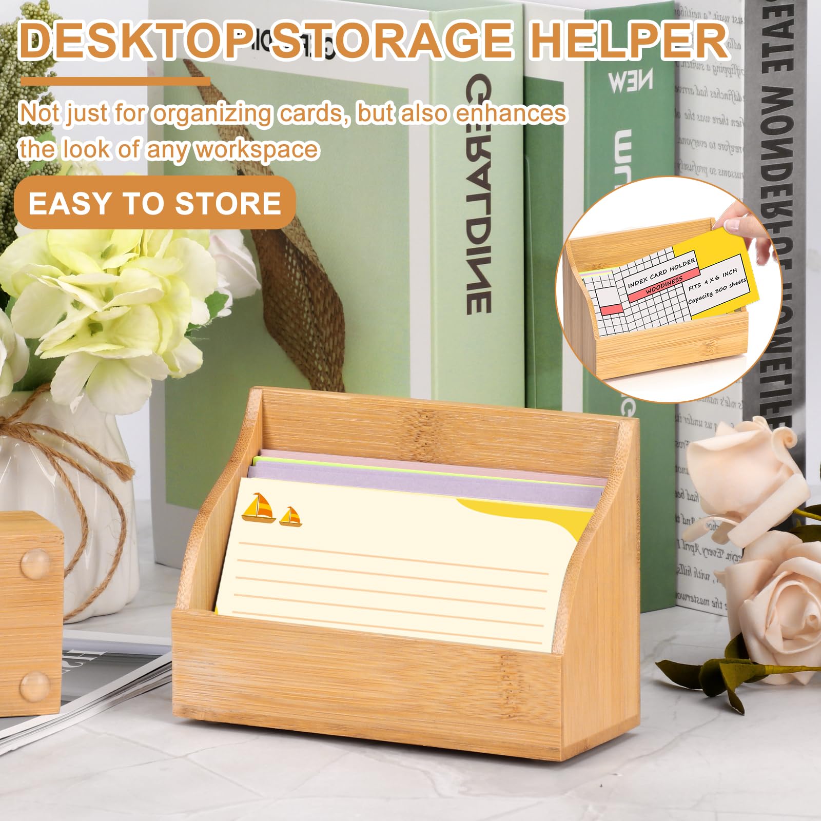 Karteikartenhalter aus Holz, 10,2 x 15,2 cm, Karteikarten-Box, Kartenständer, Notizkarten-Box, Visitenkarten, Organizer, Postkarten-Etui für Büro, Zuhause, Schule, Kapazität 300 Blatt