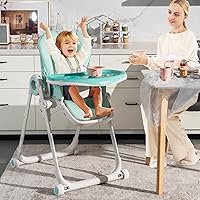 Vista 9 de BABY JOY Silla alta para bebés y niños pequeños, silla alta plegable con respaldo/reposapiés/altura del asiento, bandejas dobles extraíbles, cojín
