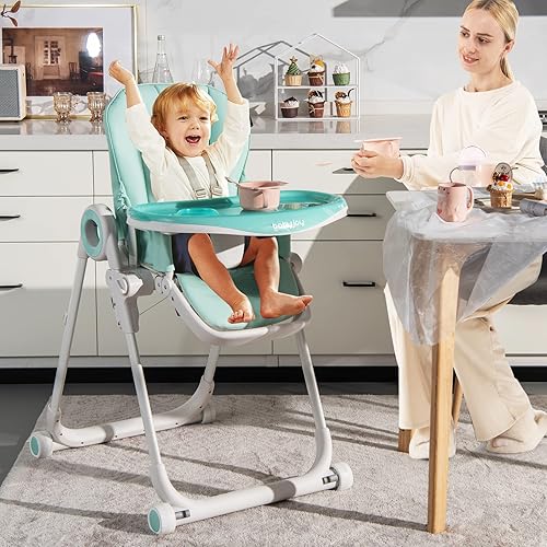 Miniatura 9 de BABY JOY Silla alta para bebés y niños pequeños, silla alta plegable con respaldo/reposapiés/altura del asiento, bandejas dobles extraíbles, cojín
