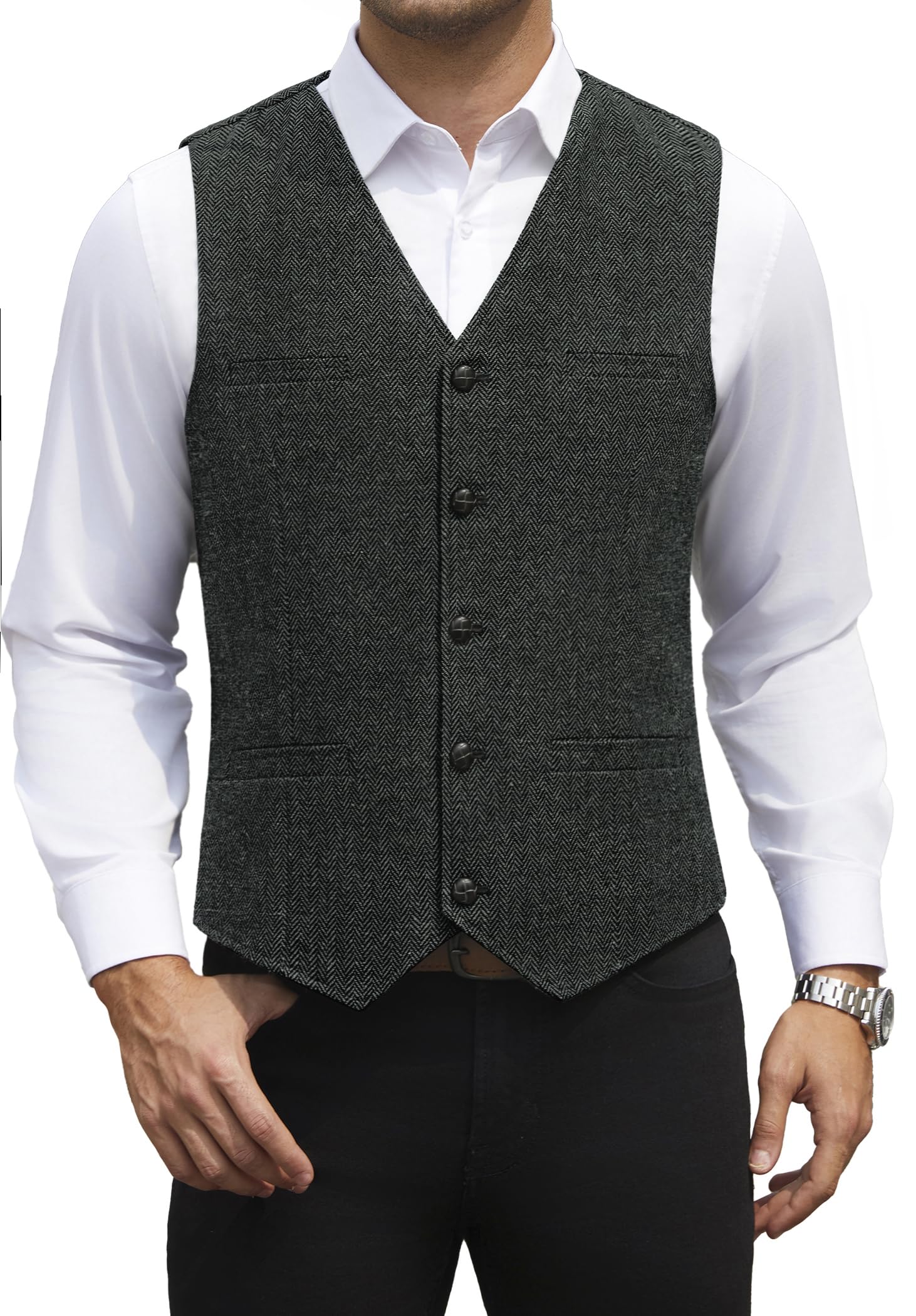 HISDERN Chaleco Traje Hombre Vintage Casual Chaleco Tweed de Lana Hombre para Boda Negocios con Bolsillos