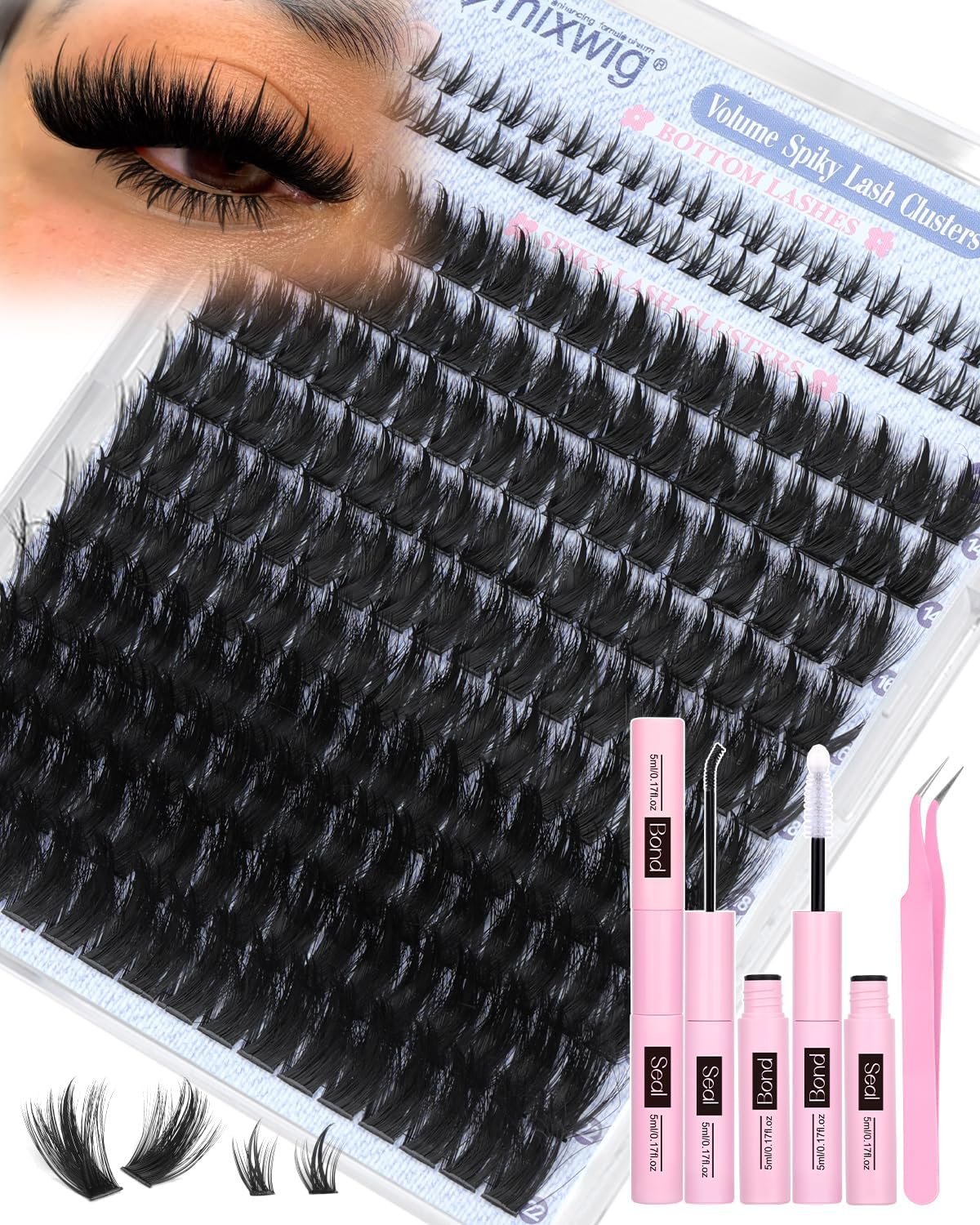 Wispy Lash Clusters Kit Spikes Volume Lash Extension Kit Spiky Eyelash Clusters with Bottom Lashes Thick Individual Lashes D Curly 6-22MM Cluster Lashes Bond and Seal Tweezers by Lvmixwig