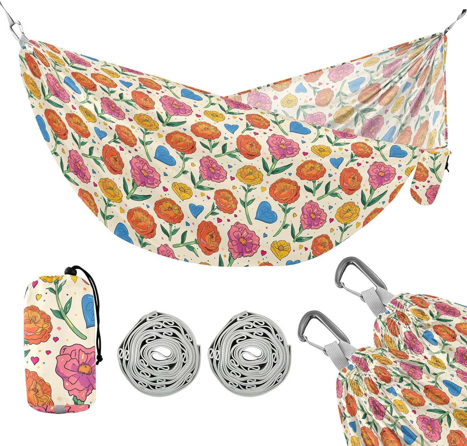 ALAZA Carnation Flower Heart Camping Hammocks Single or 2 Person 500 lbs Portable Parachute Travel Hammock w/Tree Straps for Hiking Backpacking Indoor Outdoor