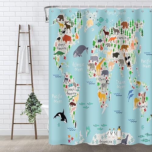 Cortina de ducha con mapa del mundo, juego de cortina de ducha educativa para niños, tela de poliéster impermeable con 12 ganchos, 72 x 72 pulgadas