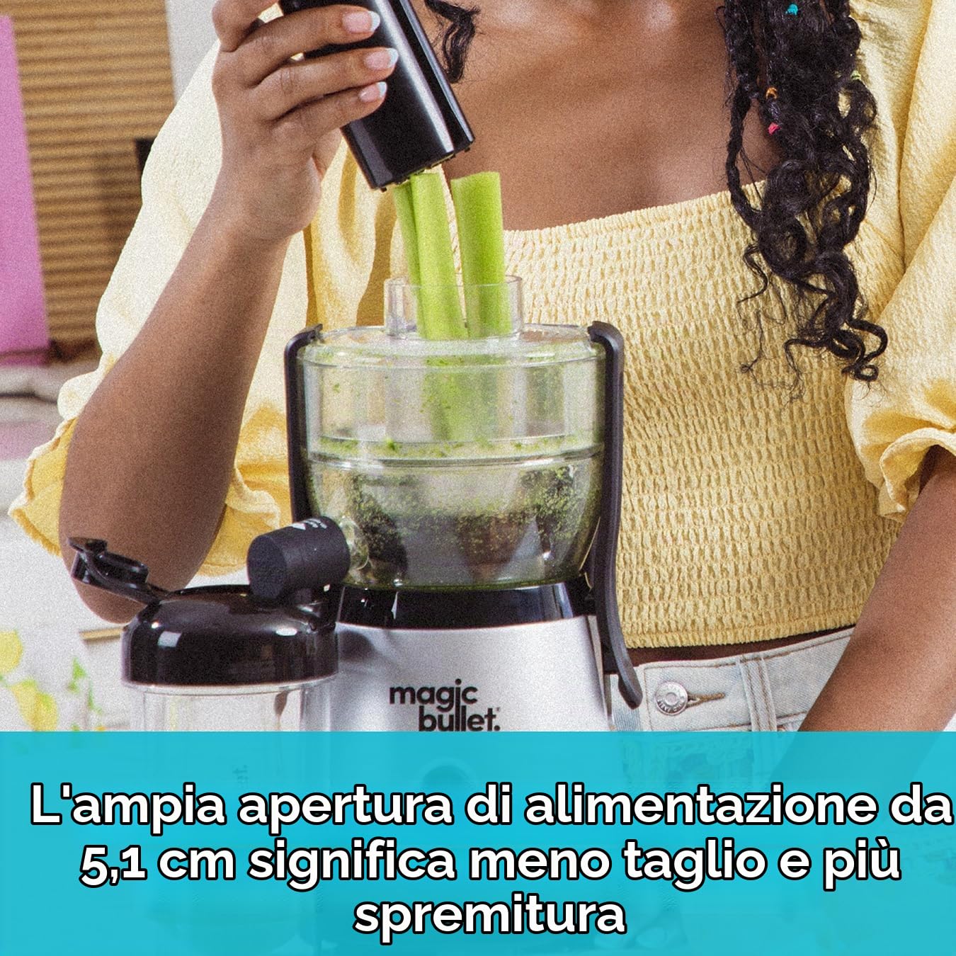 Nutribullet Magic Bullet, spremiagrumi centrifugo in silicone e acciaio inossidabile, 400 W, set da 10 pezzi, 470 ml, colore nero, design compatto e lavabile in lavastoviglie, succo al volo in due
