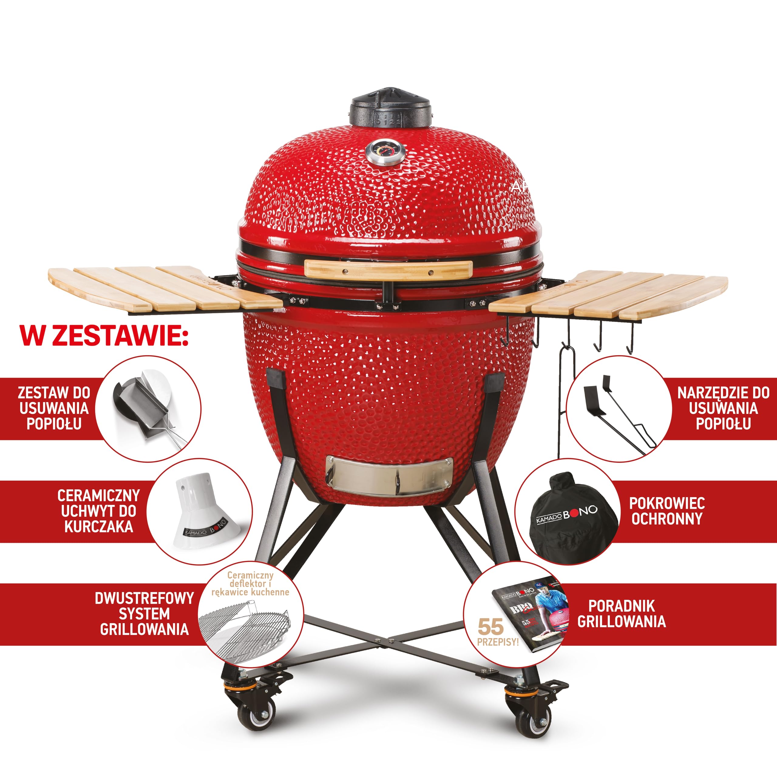 Kamado BONO BBQ Grande - ceramiczny grill Kamado z 6 dodatkami - grill BBQ Ø 59 cm z akcesoriami - czerwony Grill-wędzarnia na patio, balkon lub do ogrodu