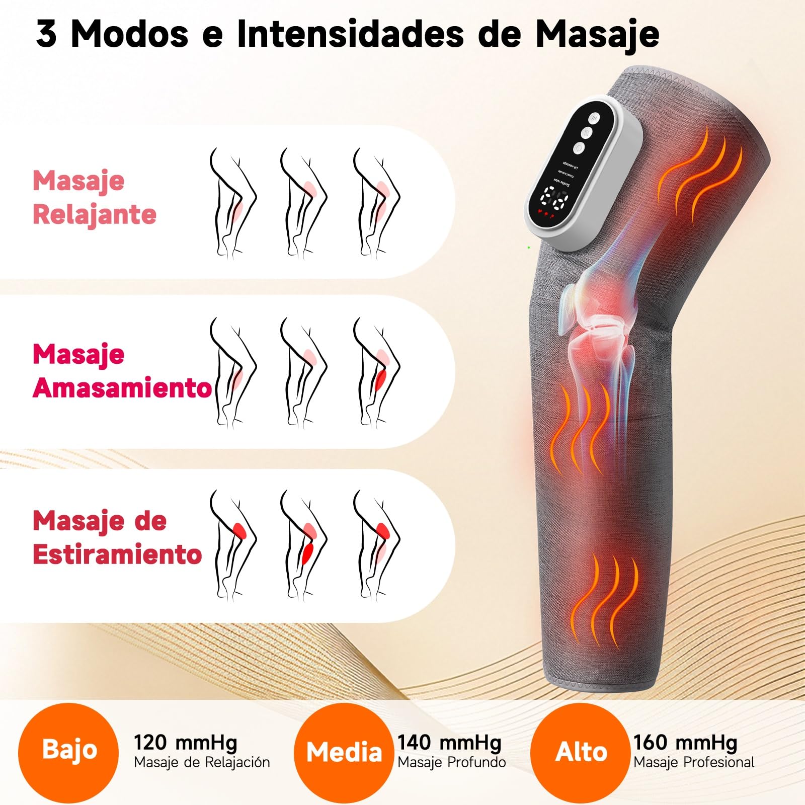 Masajeador piernas inalámbrico Oyase, 3 niveles, calor y bolsas aire | Masaje de presión 3 niveles con calor, temporizador 15 min. Para pantorrillas, muslos y rodillas