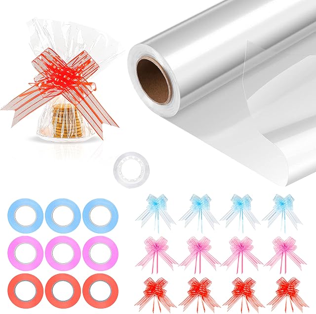 ZASAMIBA Gift Wrap for Multi-Occasion 3 Mil Thick with 12 Large Pull Bows 1 Tape and 9 Ribbons for Hampers Paper Roll - Florist Cellophane Wrap for Hampers, Wrapping Paper - Clear, 23 Piece Set