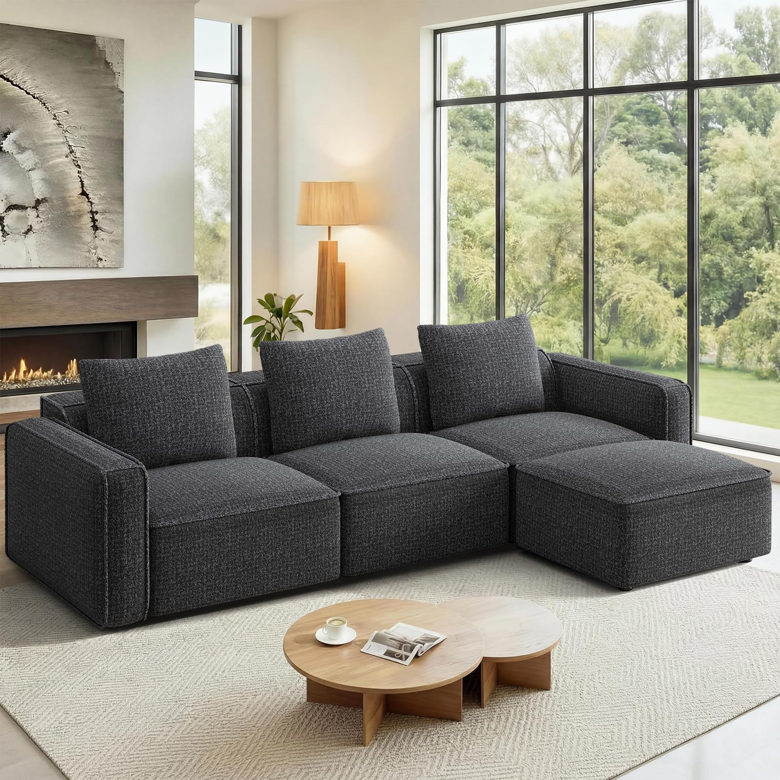 103" sectional couch, locked-in modular sectional sofa, wood frame couches for living room, 22" deep seat l shaped couch with ottoman chenille cloud sofa tool-free setup sofas for living room ( box 1/3 only ) 