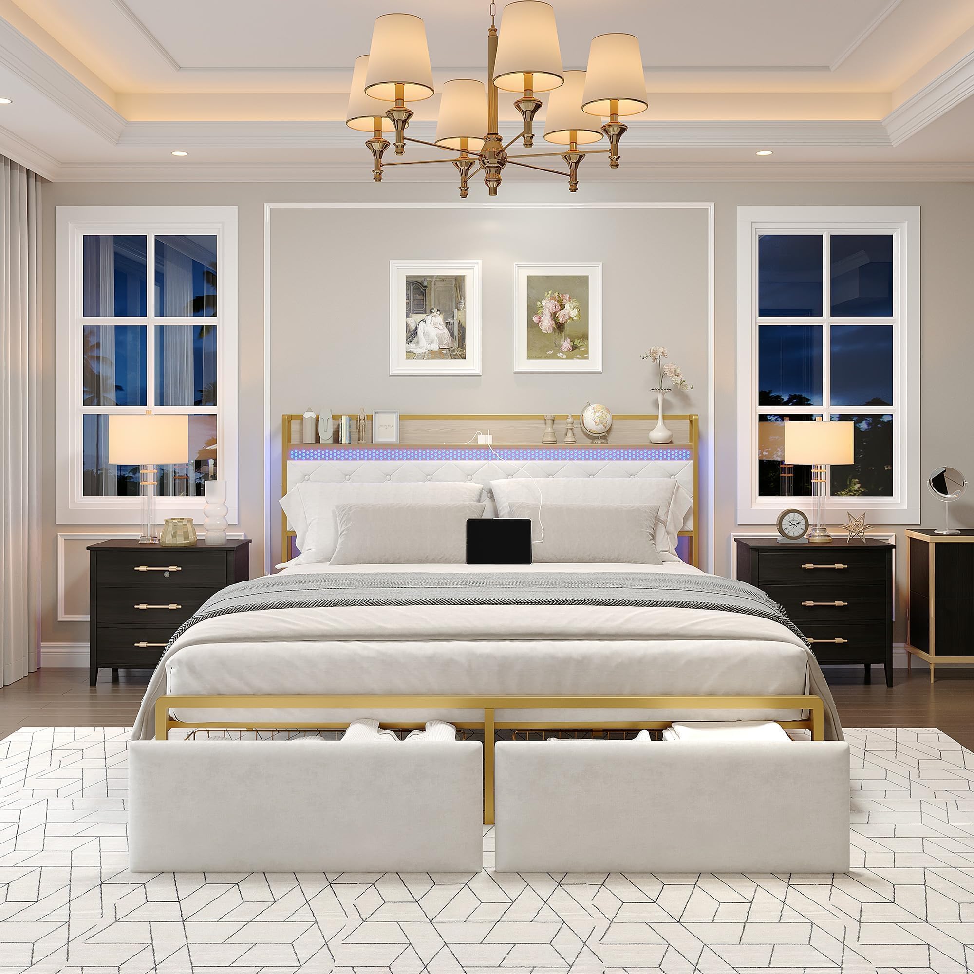 GarveeHome King Bed Frame with 2 Storage Drawers LED Bed Frame with 2-Tier Storage Headboard Charging Station Metal