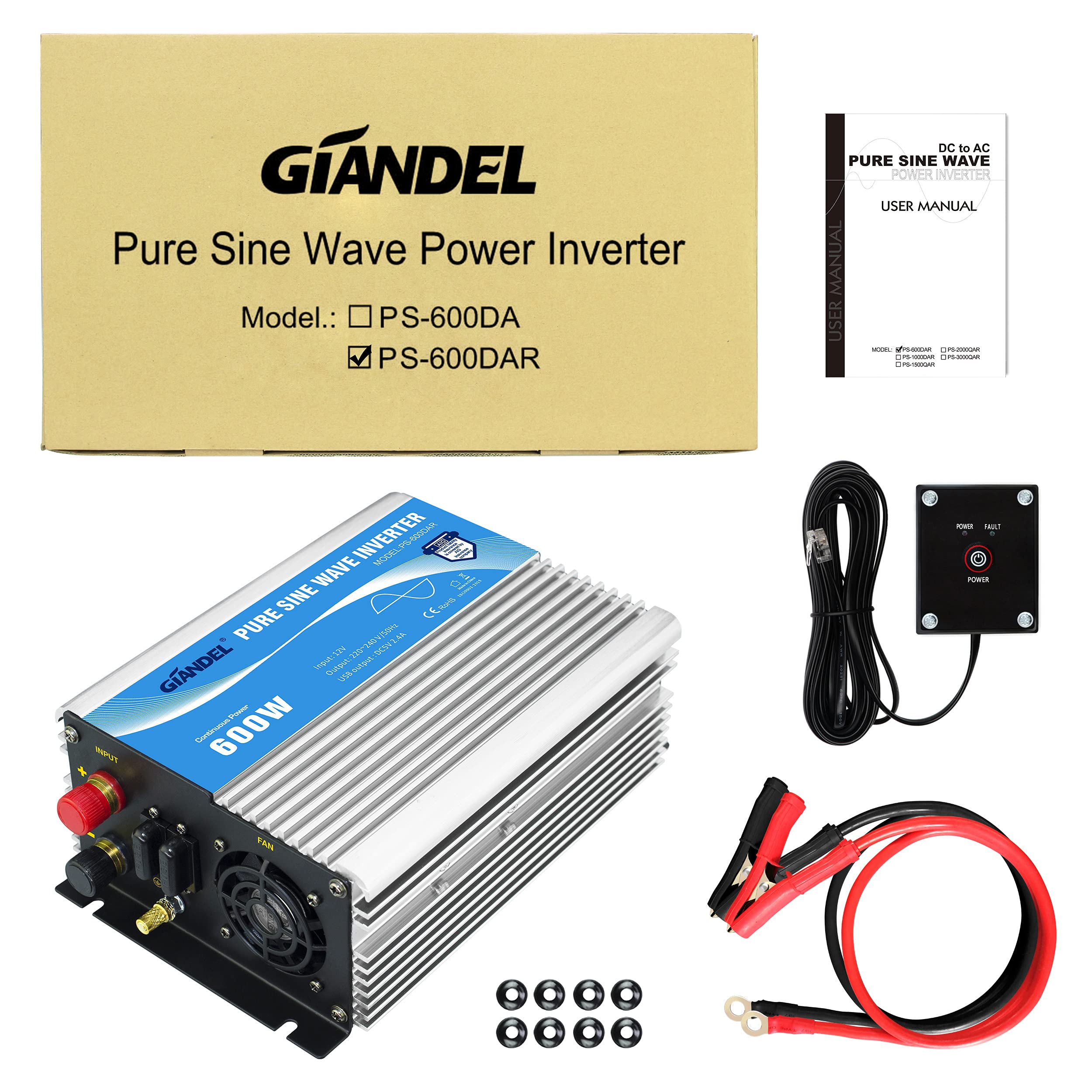 GIANDEL 600 W Convertitore puro sinusale DC 12 V a AC 220 V 230 V inverter trasformatore con telecomando e porta USB per computer portatile, fotocamera, smartphone