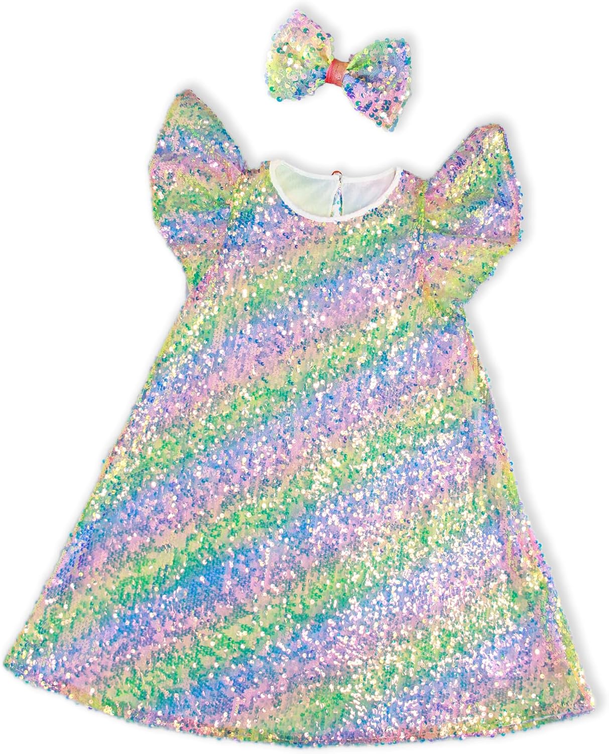 Girls Sequin Dress Shiny Short Flutter Sleeve Midi Sparkly Party Dress with Hairbow