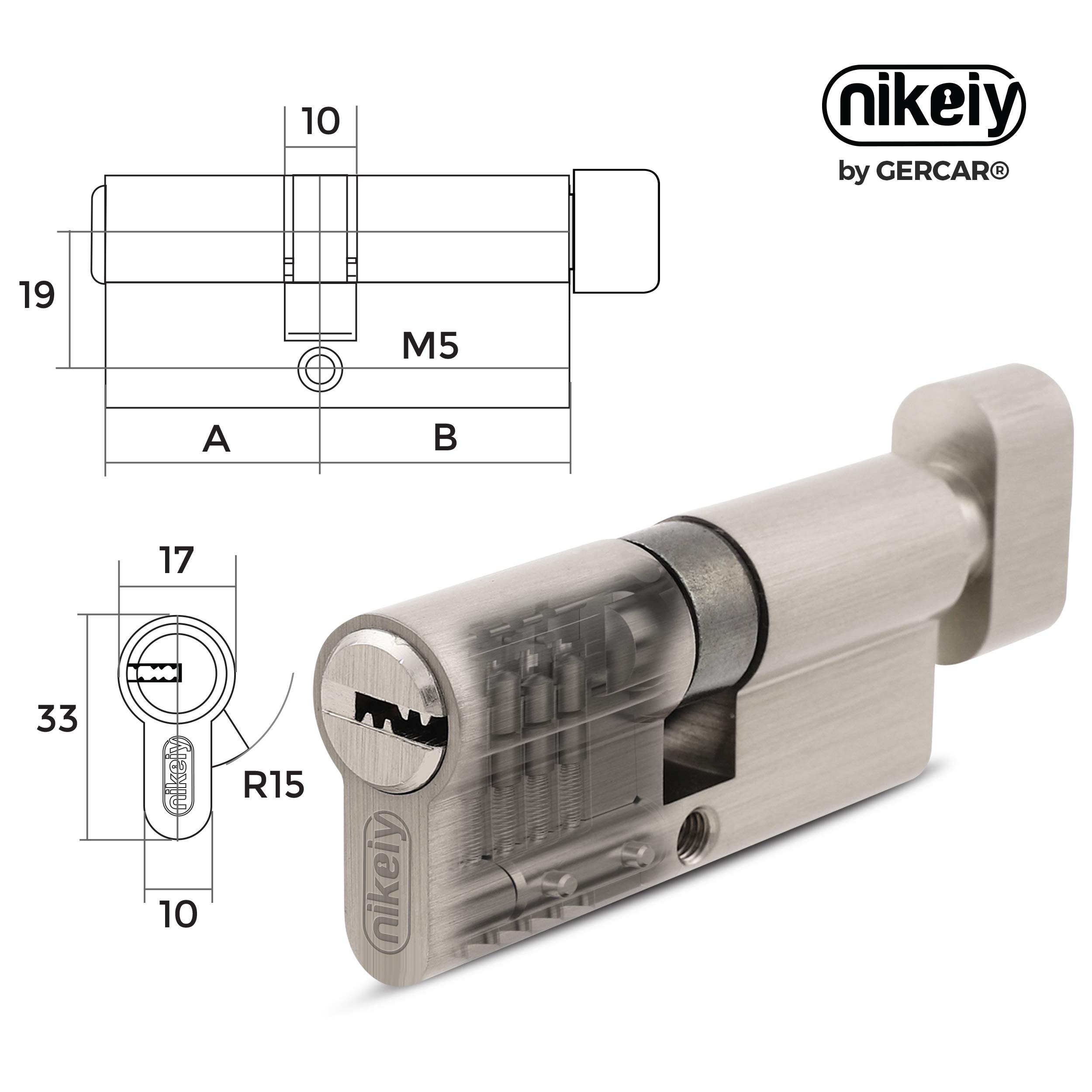 GERCAR - Pro - Cylindre de serrure à bouton - 45/45 - Massif - Avec bouton - En laiton nickelé mat - Avec 5 clés - Clé réversible - Longueur : 90 mm, A : 45 B : 45 - 1 x