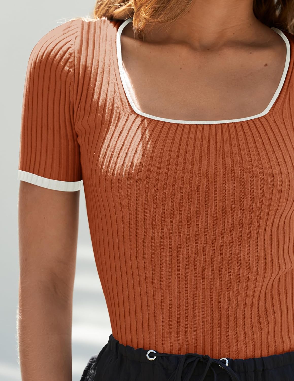 ZESICA Women's Short Sleeve Square Neck Color Block T Shirt 2026 Summer Slim Fit Ribbed Knit Basic Tee Tops - Image 4