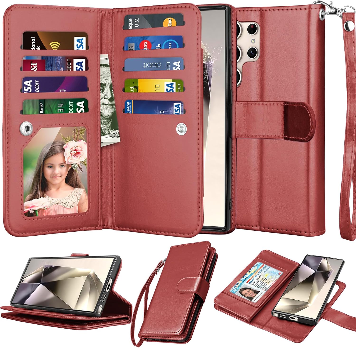 Njjex Galaxy S24 Ultra Case, for Samsung Galaxy S24 Ultra Wallet Case, [9 Card Slots] PU Leather ID Credit Card Holder Folio Flip [Detachable] Kickstand Magnetic Phone Cover & Lanyard [Black]