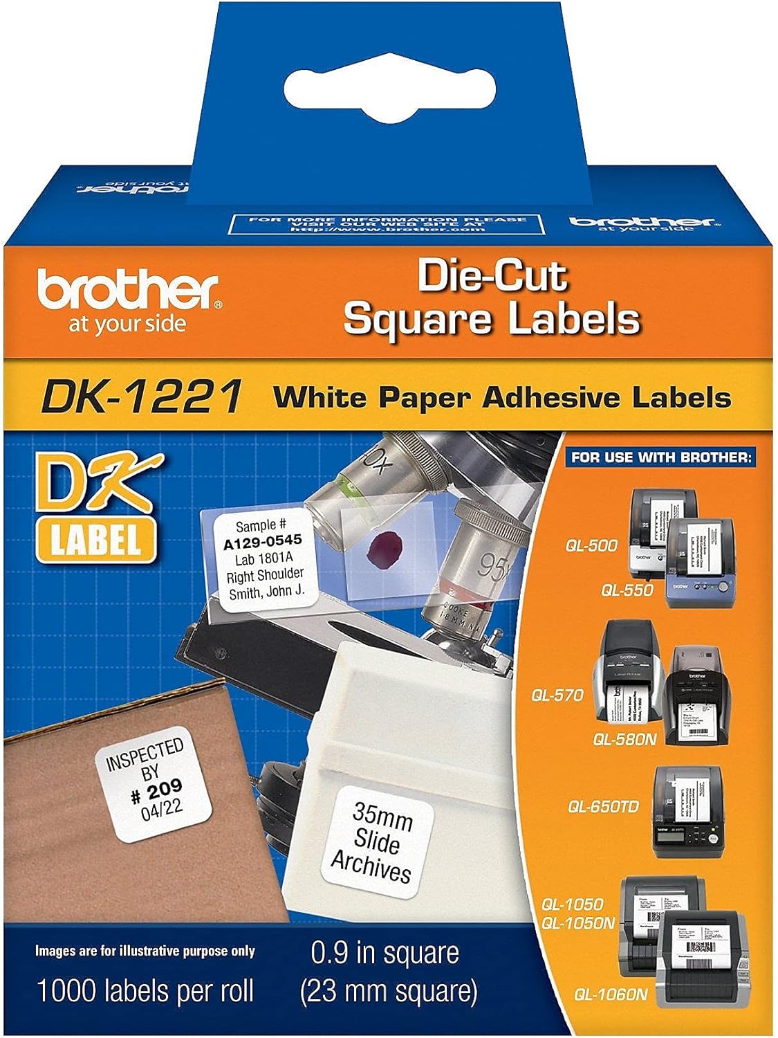 Brother DK1221 Square Paper Labels, 1000 Labels, White