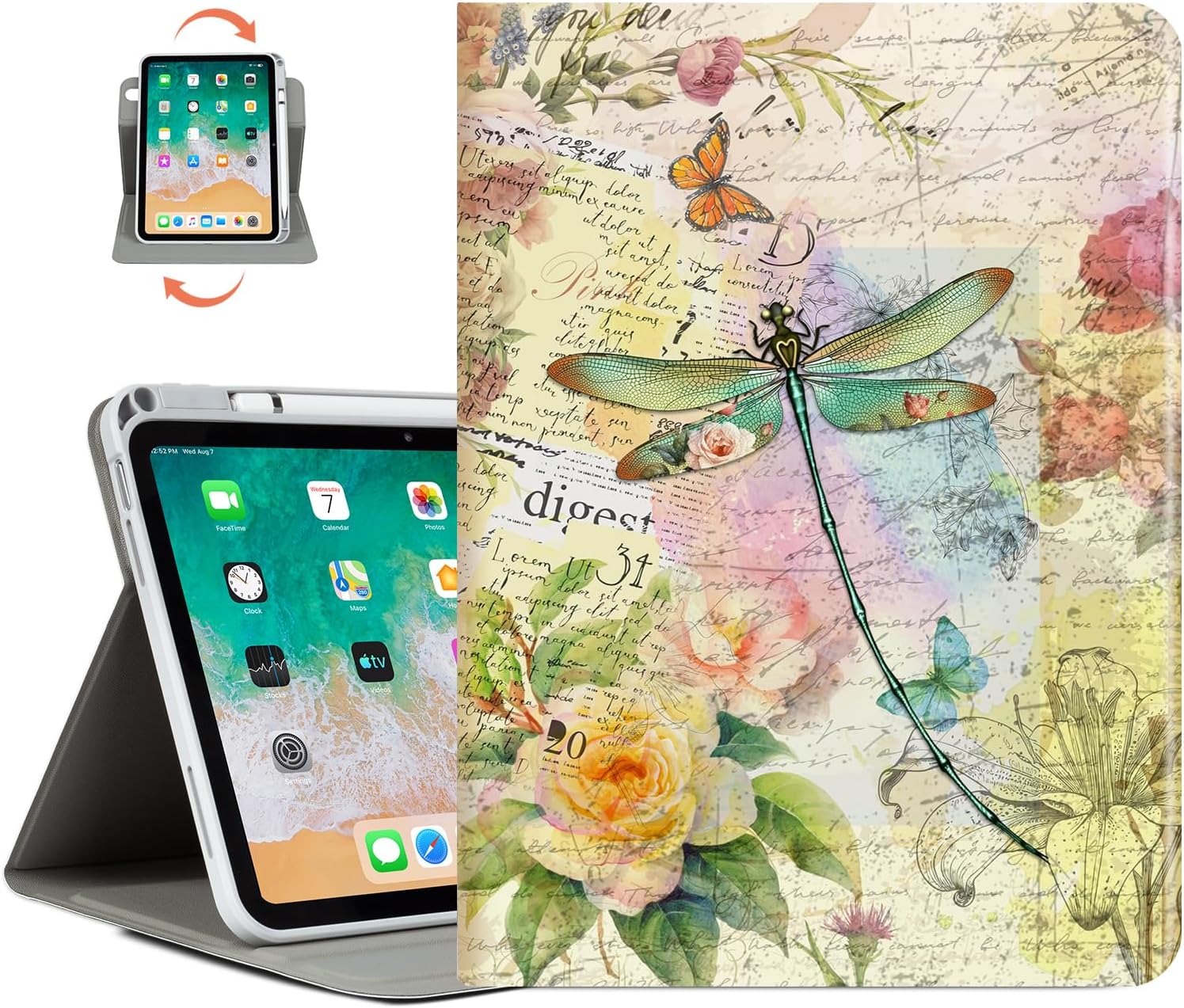Vimorco Rotating Case for iPad A16 11th/10th Generation 2025/2022, for iPad A16 Case 11th/10th Generation 360 Degree Rotating, 4 Viewing Angles, Pencil Holder, Auto Wake/Sleep, Flower Dragonfly