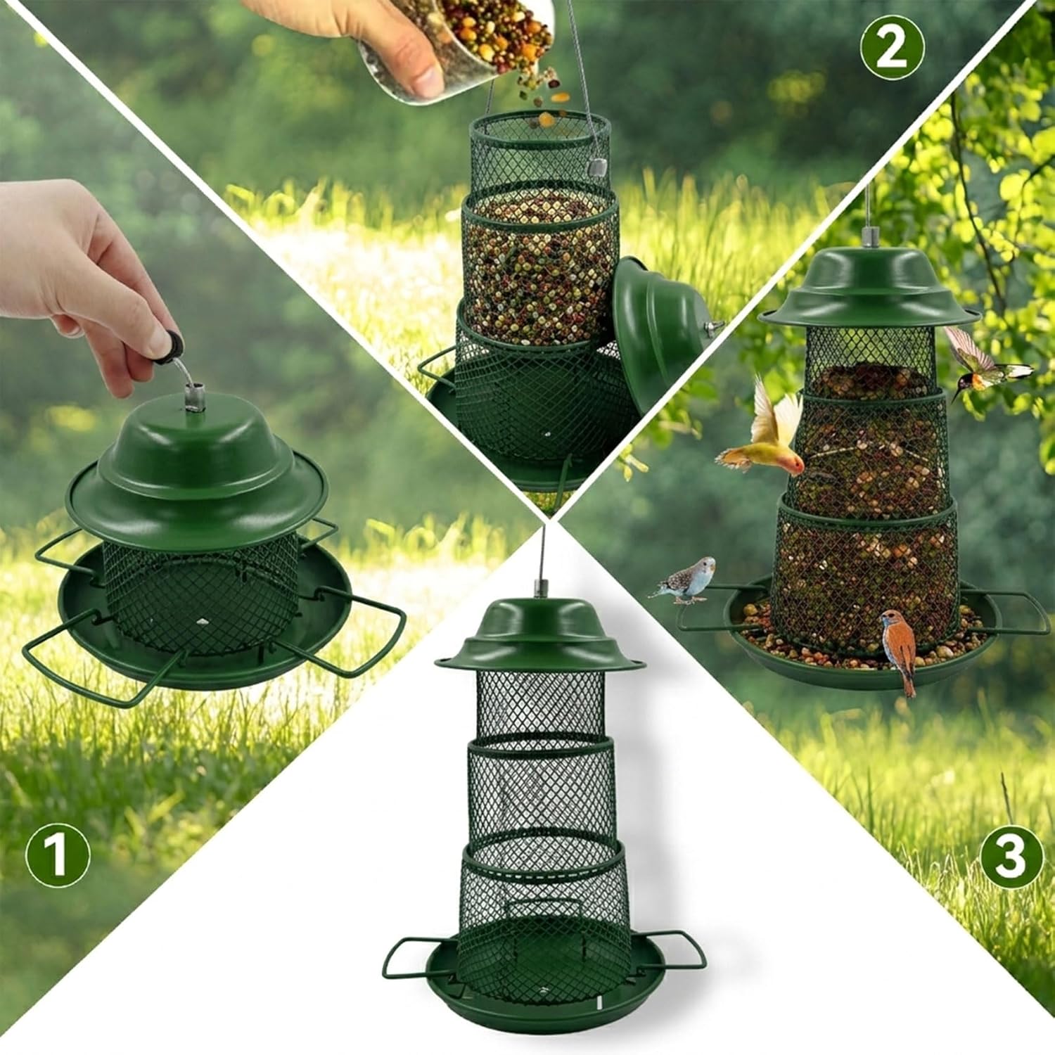 Green Metal Bird Feeder – Squirrel-Resistant Hanging Feeder with 4 Perches | Large Seed Capacity, 360° Mesh for Backyard & Garden, Round
