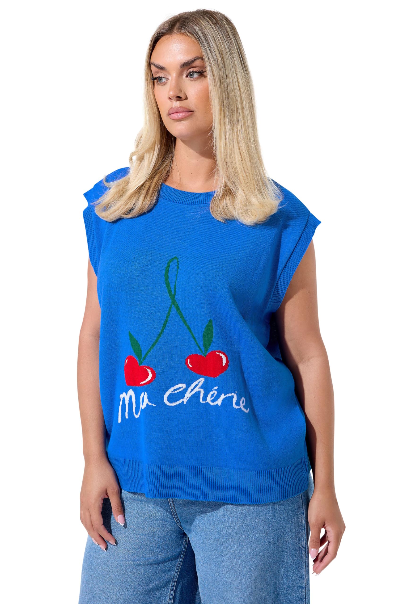 Yours Women's Blue Cherry Knitted Vest Top Size 14-16