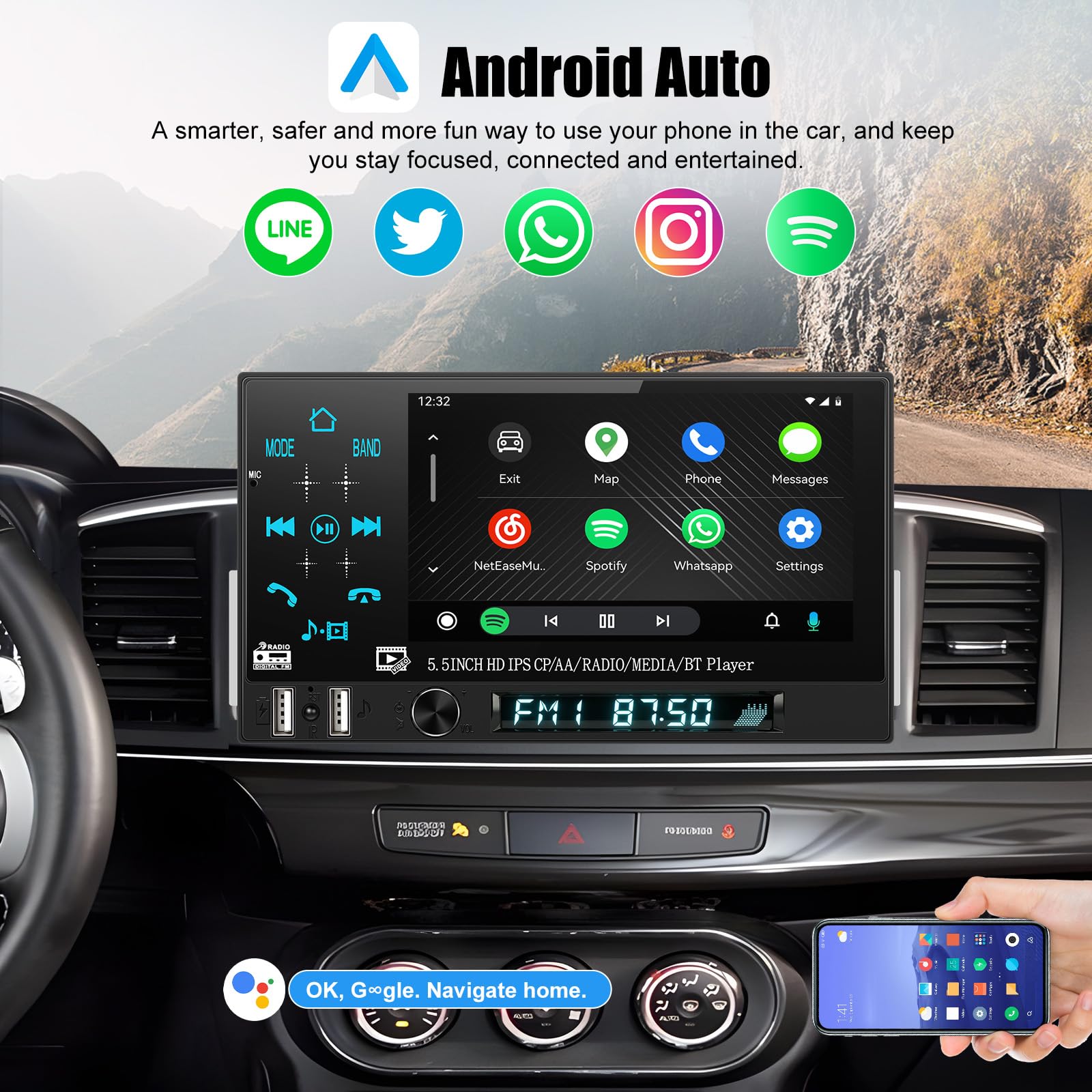 CAMECHO Autoradio 1 Din Wireless Carplay Android Auto Bluetooth Radio, 5.5 Zoll Touchscreen mit IPS HD Bildschirm 1280 * 720 mit Rückfahrkamera Mirror Link Lenkradsteuerung + 2 USB Anschlüsse
