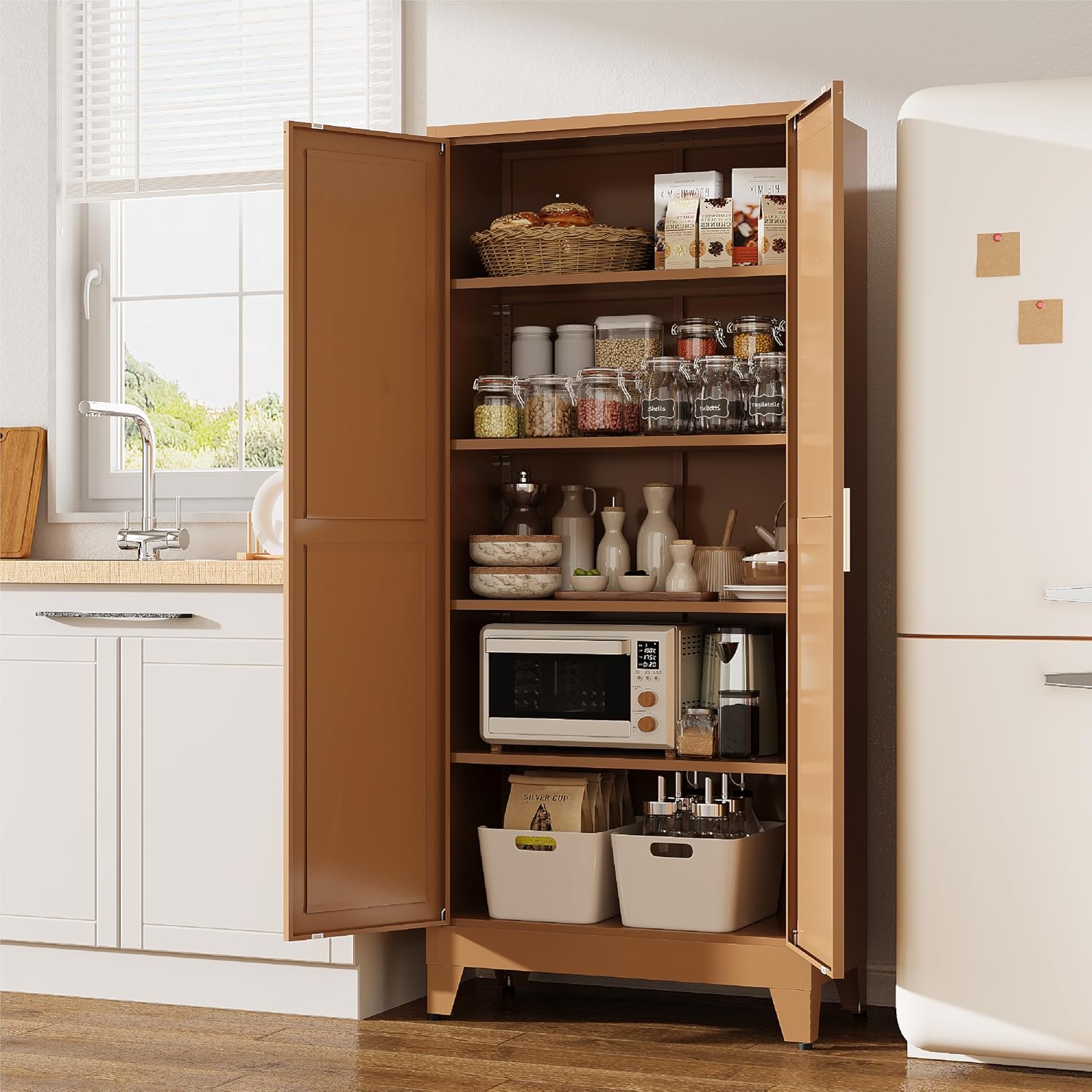 Kitchen Pantry Cabinet, 71”H Metal Pantry Storage Cabinet with 2 Doors & 4 Adjustable Shelves, Brown Kitchen Cabinet, Tall Freestanding Cupboard for Kitchen, Dining Room, Living Room