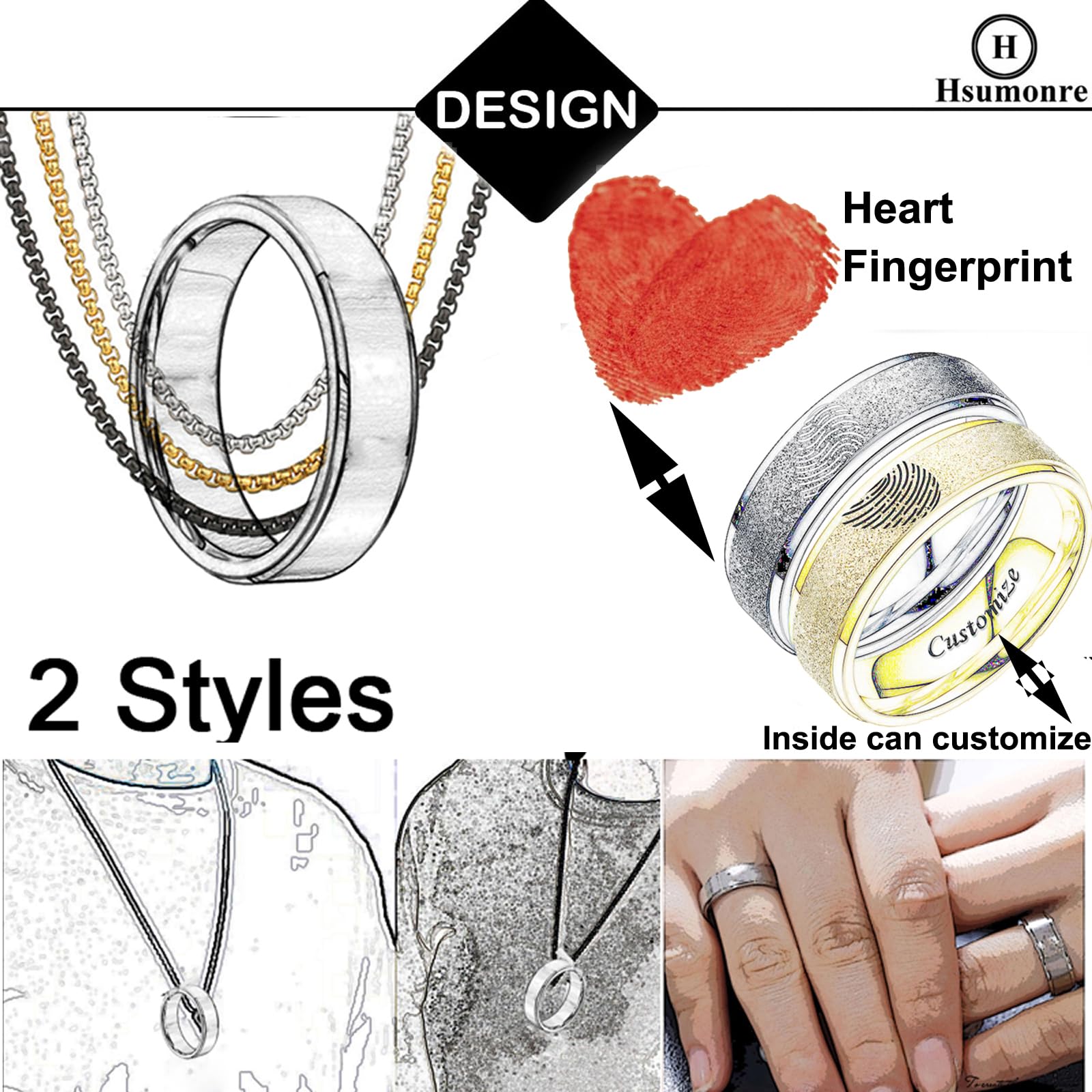 Personalice el Texto Grabado del Anillo de Huellas Dactilares del Corazón Esmerilado para Parejas, Mejores Amigos, Joyas Mate, Bandas de Anillo, Acero de Titanio, 6 mm, Plata Negra