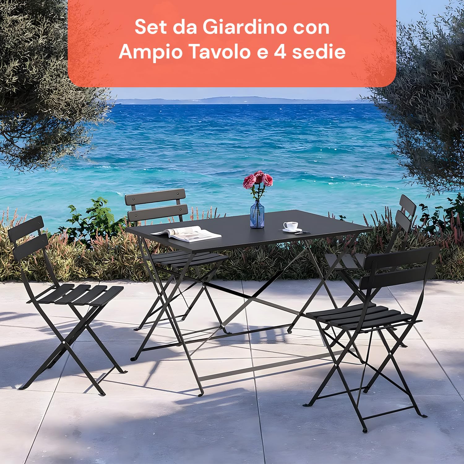 Avilia Salotto da Giardino Esterno Koby Double – Set Tavolo e Sedie da Esterno Pieghevoli in Metallo Antracite, 4 Sedie Ergonomiche e Tavolo Multifunzionale, Design Compatto e Resistente