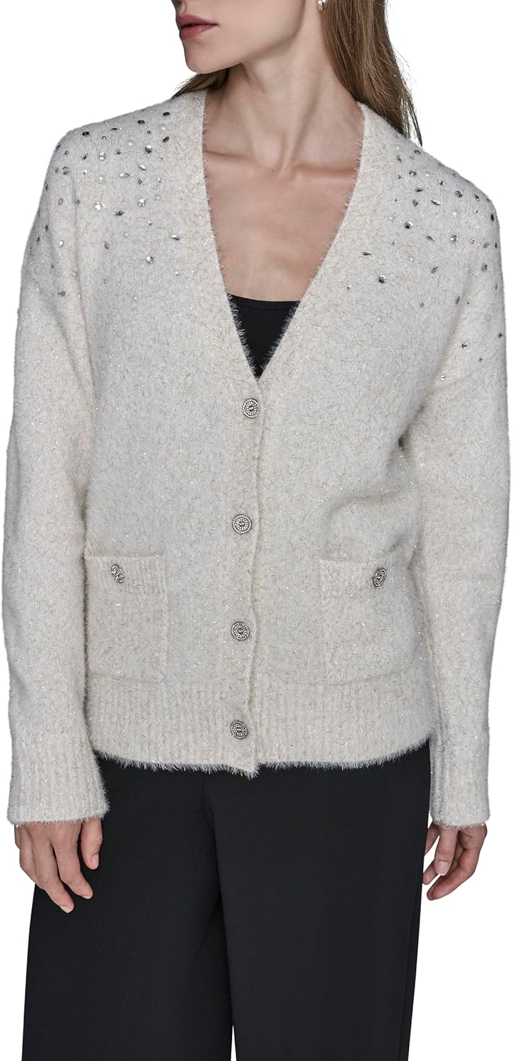 Karl Lagerfeld Womens Long Sleeve V-Neck Bejewled Cardigan Sweater