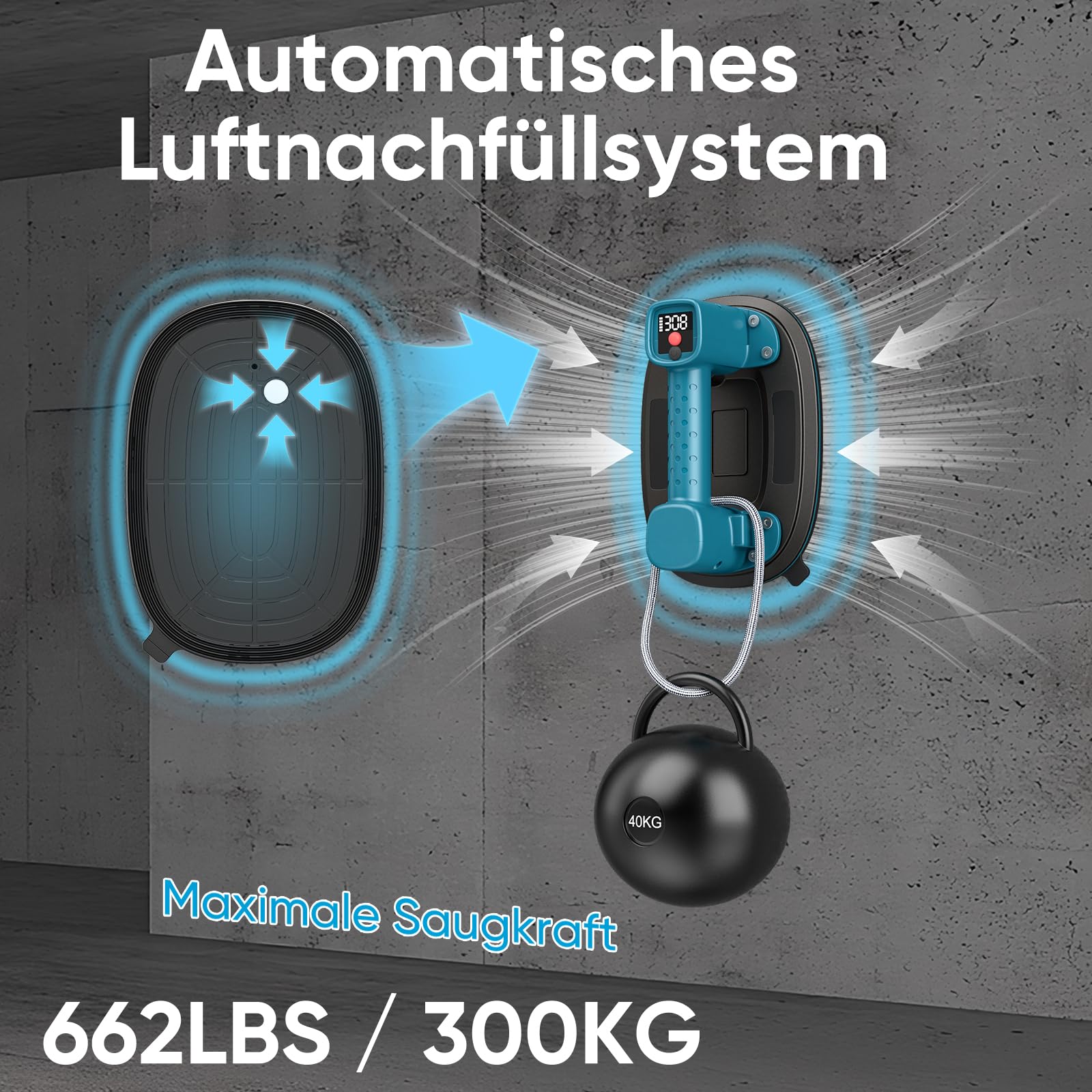 Akku Saugheber, 300 kg Tragkraft, Elektrischer Vakuumheber mit LCD-Anzeige & 4000 mAh Akku, Auto Nachsaugfunktion, Doppelmotor, 10" Saugnäpfe für Fliesen, Glas, Terrassenplatten (1er-Set)