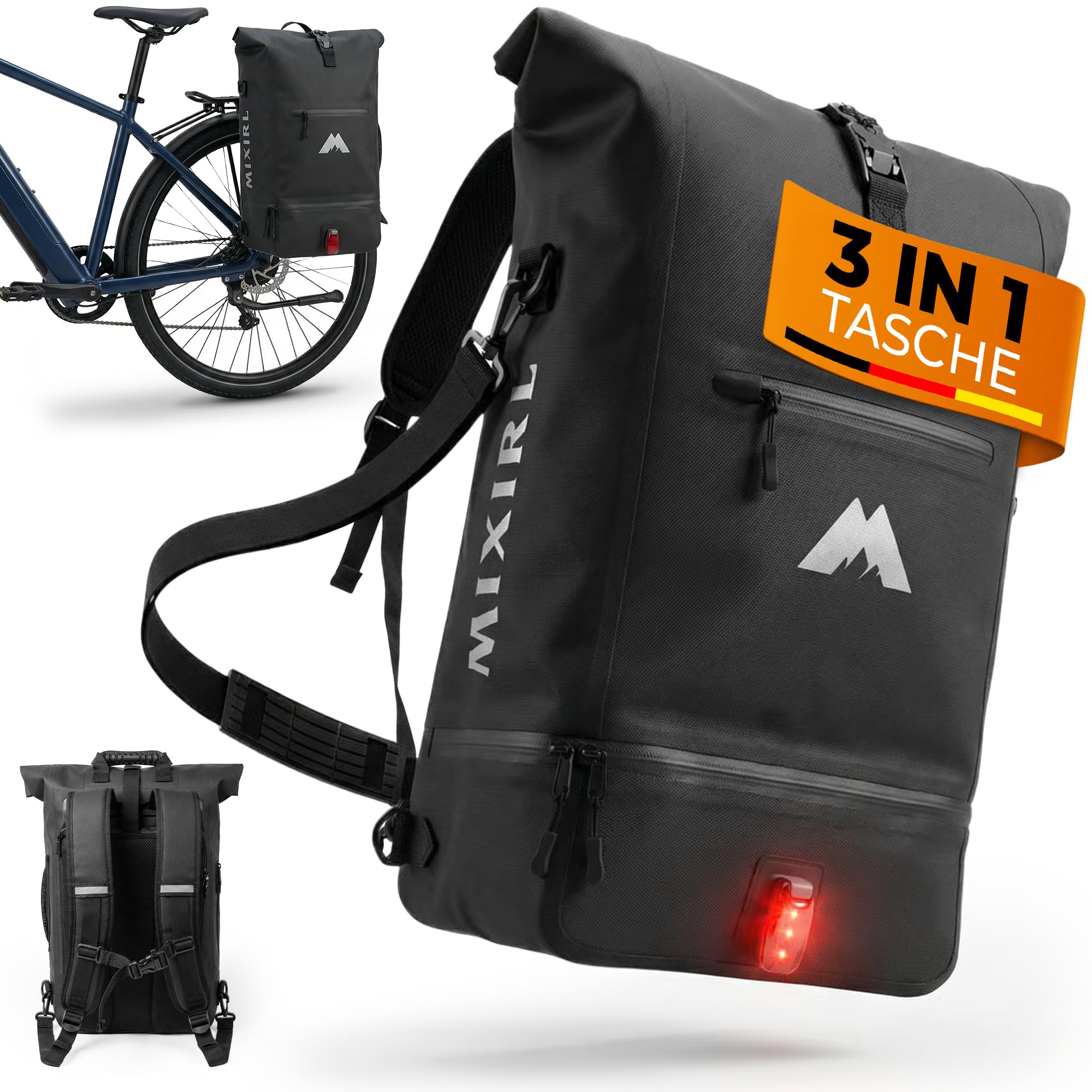 Forrider 3-in-1 fietstas voor bagagedrager met rugzak, waterdicht, 27 liter, bagagedragertas, reflecterend, zadeltas voor de fiets (zwart