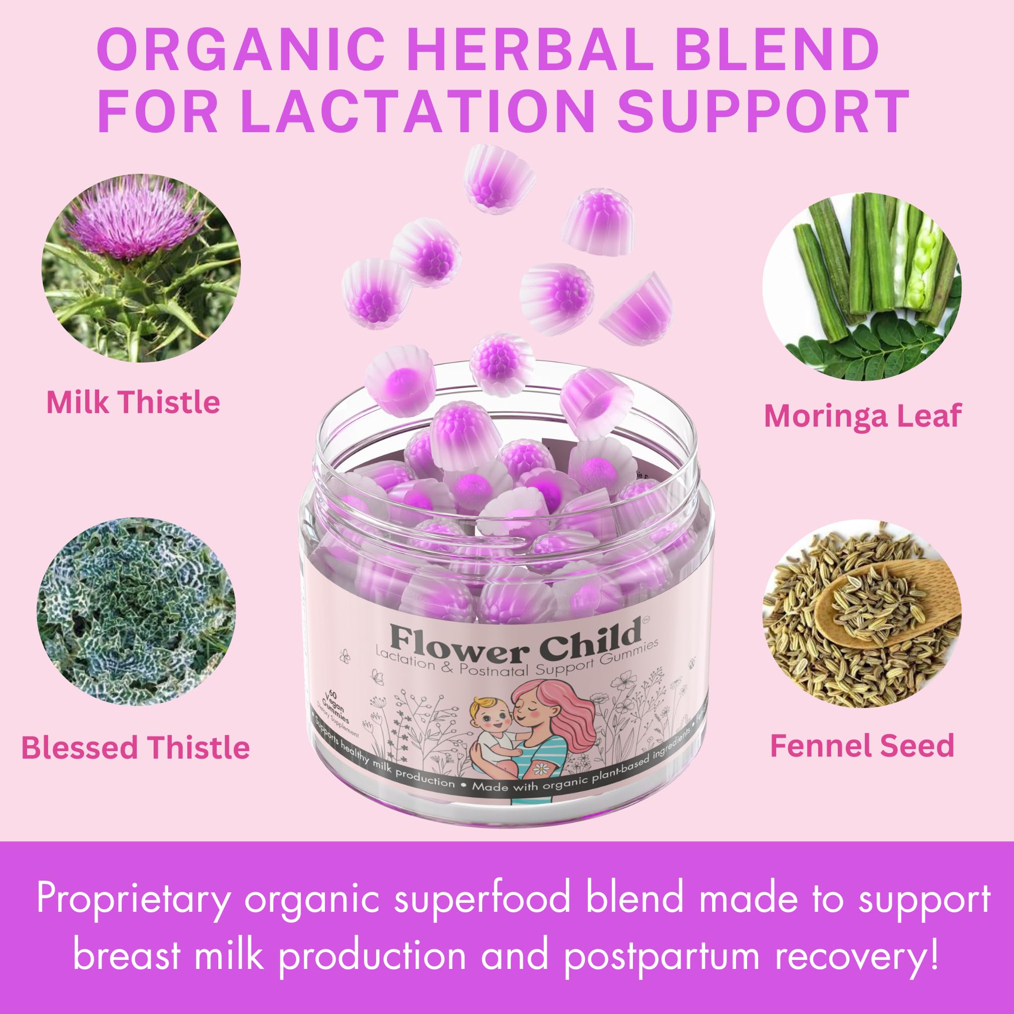 Flower Child Breastfeeding Gummies for Milk Production with Organic Moringa, Milk Thistle, Choline & DHA, Lactation Supplement Postnatal Recovery Vitamins, Fenugreek Free, Vegan, 60 Count — Amazon image 4