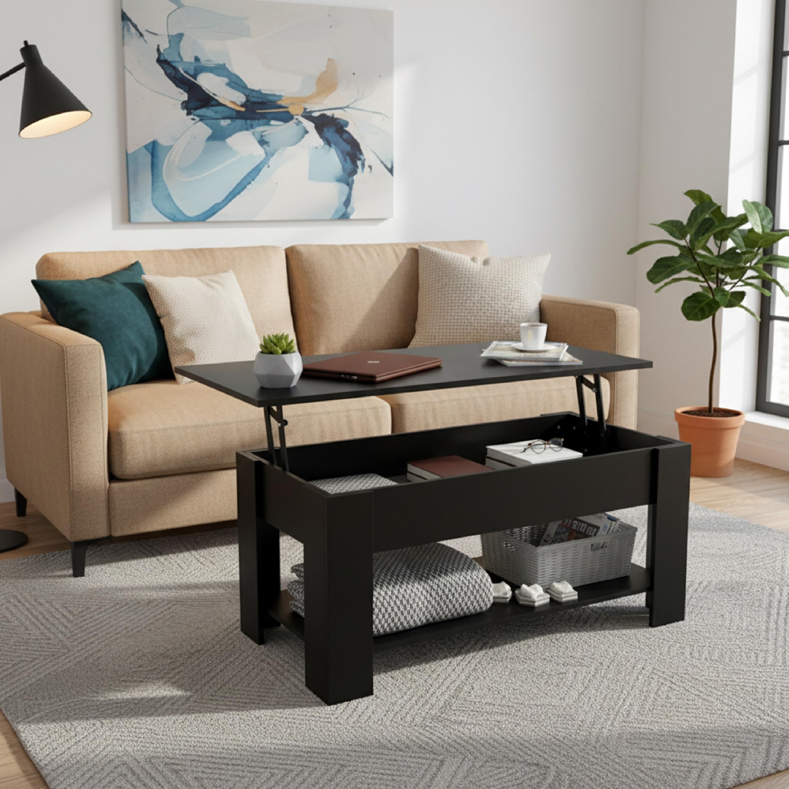 Baroni Home Tavolino da Caffè con Piano Sollevabile, Contenitore Interno, Tavolino Nero da Salotto Moderno con Ripiano, Tavolo Salvaspazio per Soggiorno, 100x40x41,5 cm
