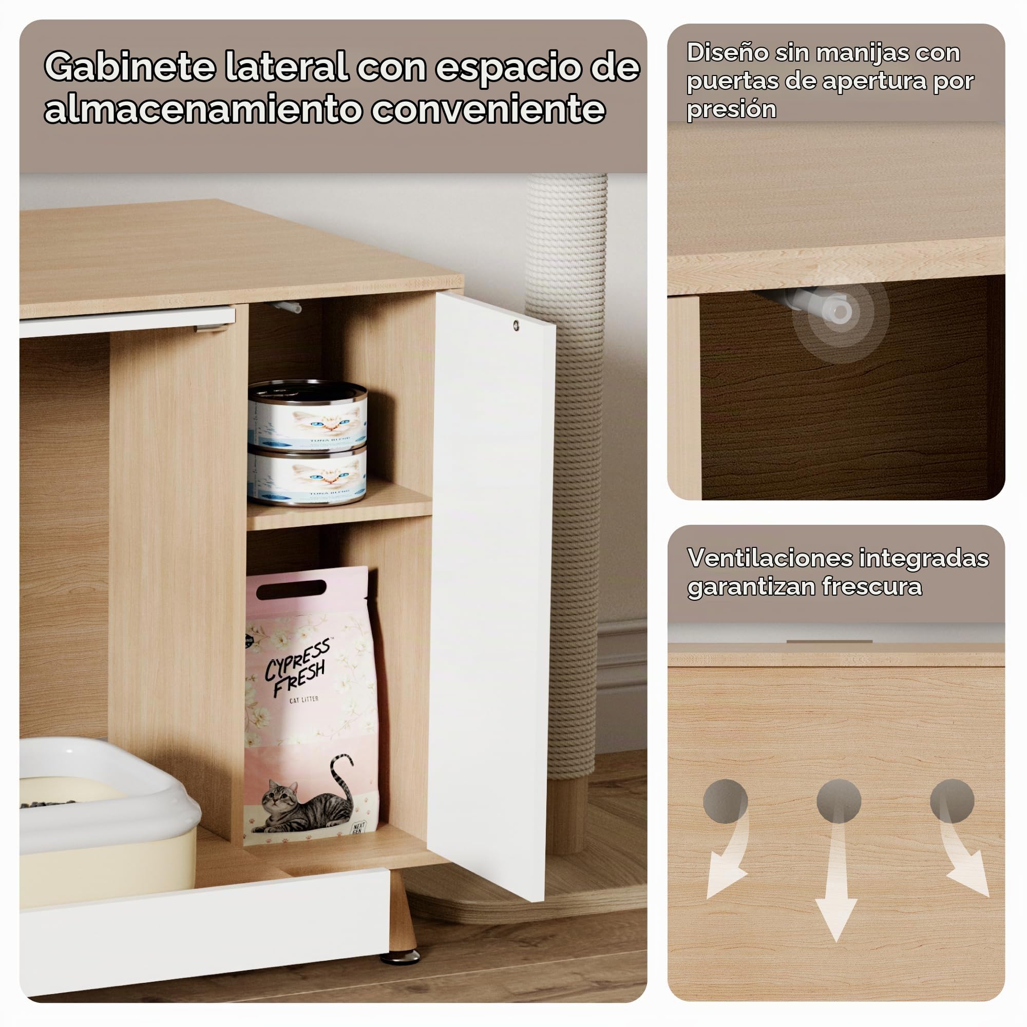 Mueble Arenero para Gatos, Mueble para Esconder la Arena con Puerta Abatible y Bandeja Extraíble, Casa para Gatos con Entrada Lateral y Almacenamiento, Tono Madera
