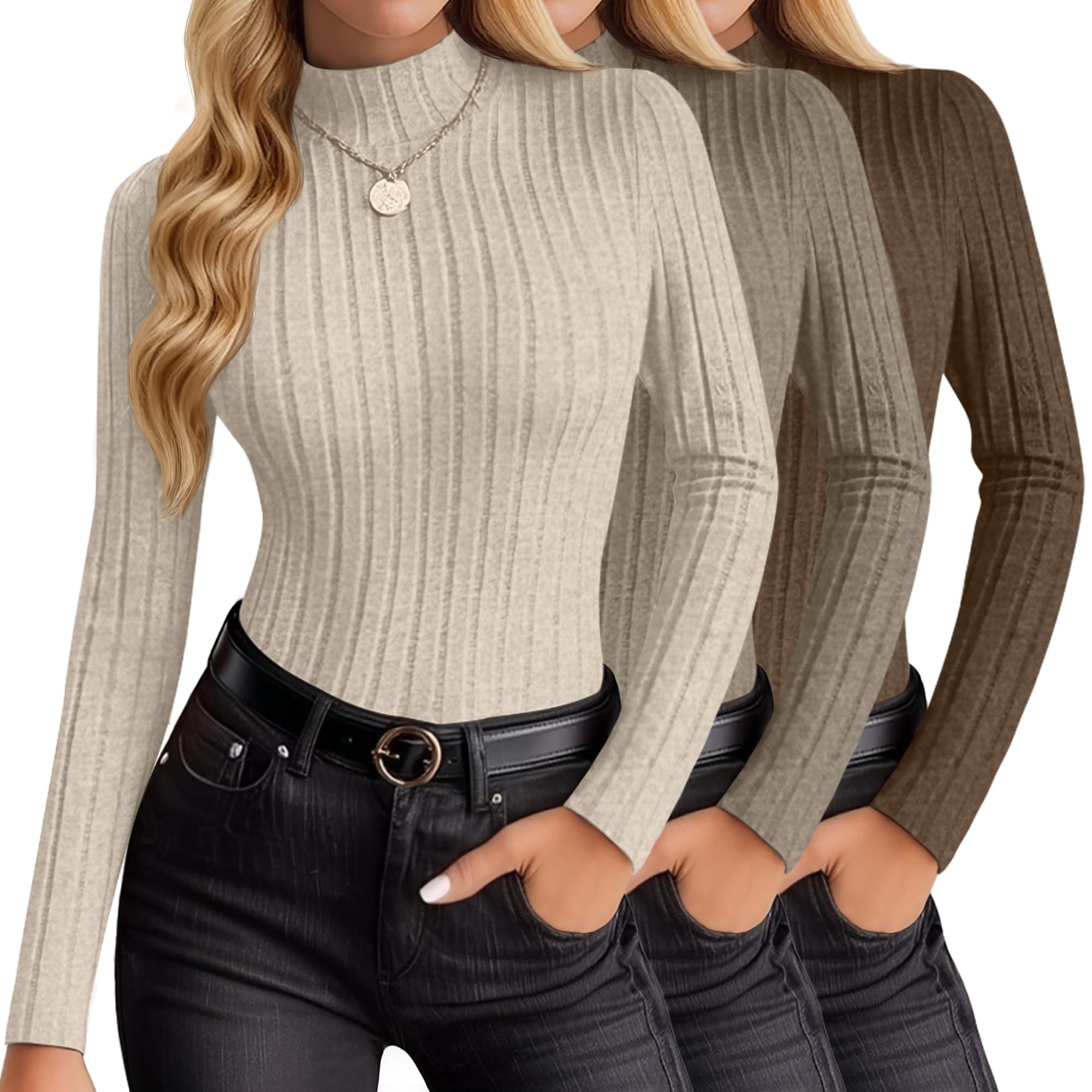 3 Pack Womens Mock Turtleneck Sweaters Long Sleeve Ribbed Knit Slim Fit Thermal Base Layer Soft Fall