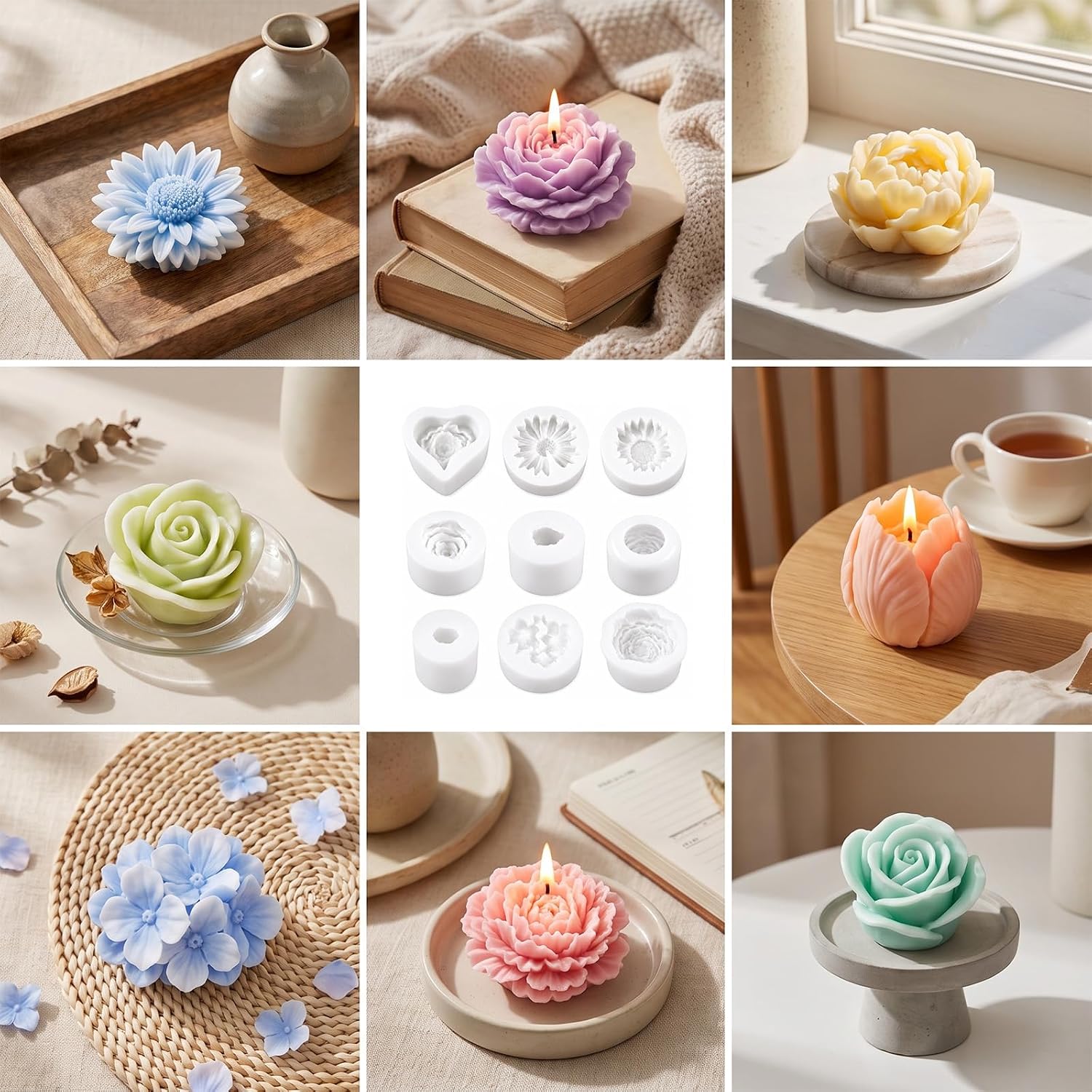 9 Pcs Rose Flower Tulip Peony Heart Candle Soap Wax Mold, Flower Candle Mold 3D Heart Tulip Silicone Molds, Spring Candles Moulds 3D Floral Silicone Molds for Soap Epoxy Resin Wax Soy Waxs Beeswax