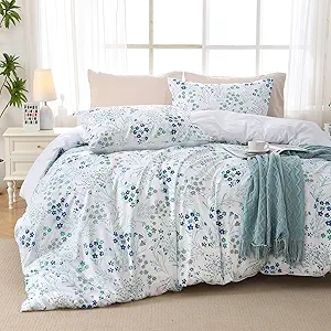MUXHOMO Duvet Cover Queen Size, Reversible Floral Vintage Duvet Cover Set with Zipper Closure, 3 Pieces Botanical Patterns Soft Microfiber Bedding Set (90"x90", 2 Pillow Cases, Small Blue Flower)