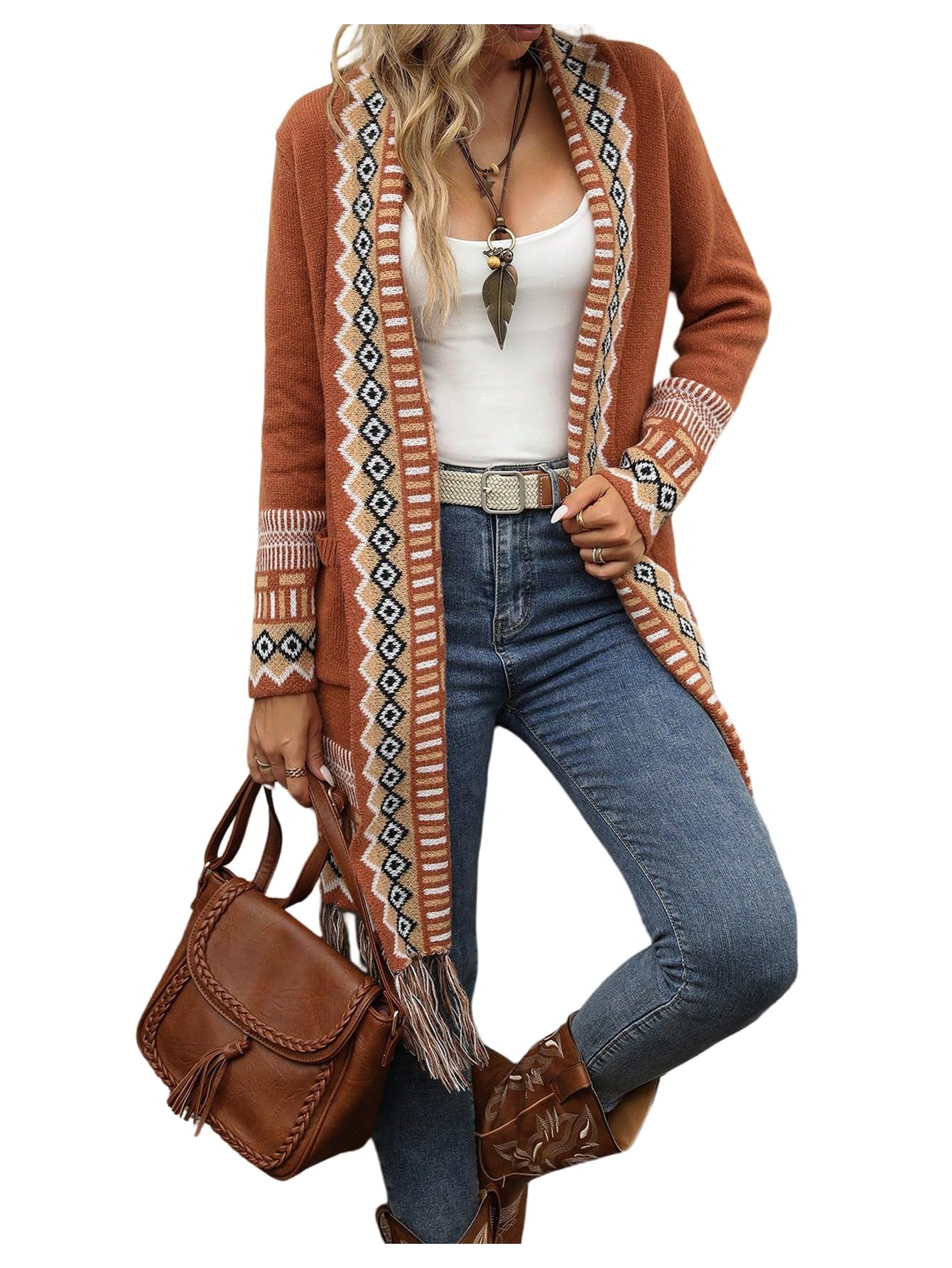 MakeMeChic Womens Open Front Long Fringe Cardigan Western Long Sleeve Boho Cardigan Sweater