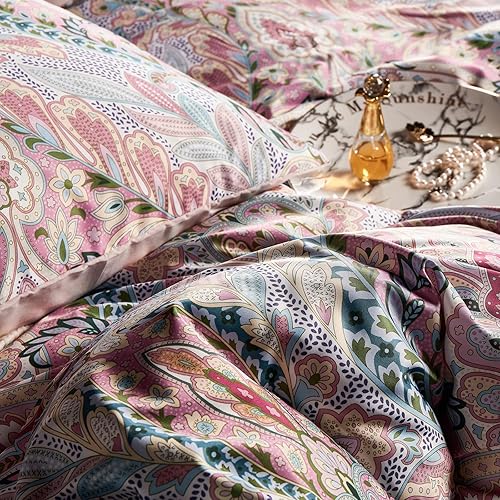 Miniatura 5 de Jemiipee Juego de edredón de cachemira rosa, juego de ropa de cama de 3 piezas, lujoso, suave, bohemio, floral, tamaño King, juego de edredón