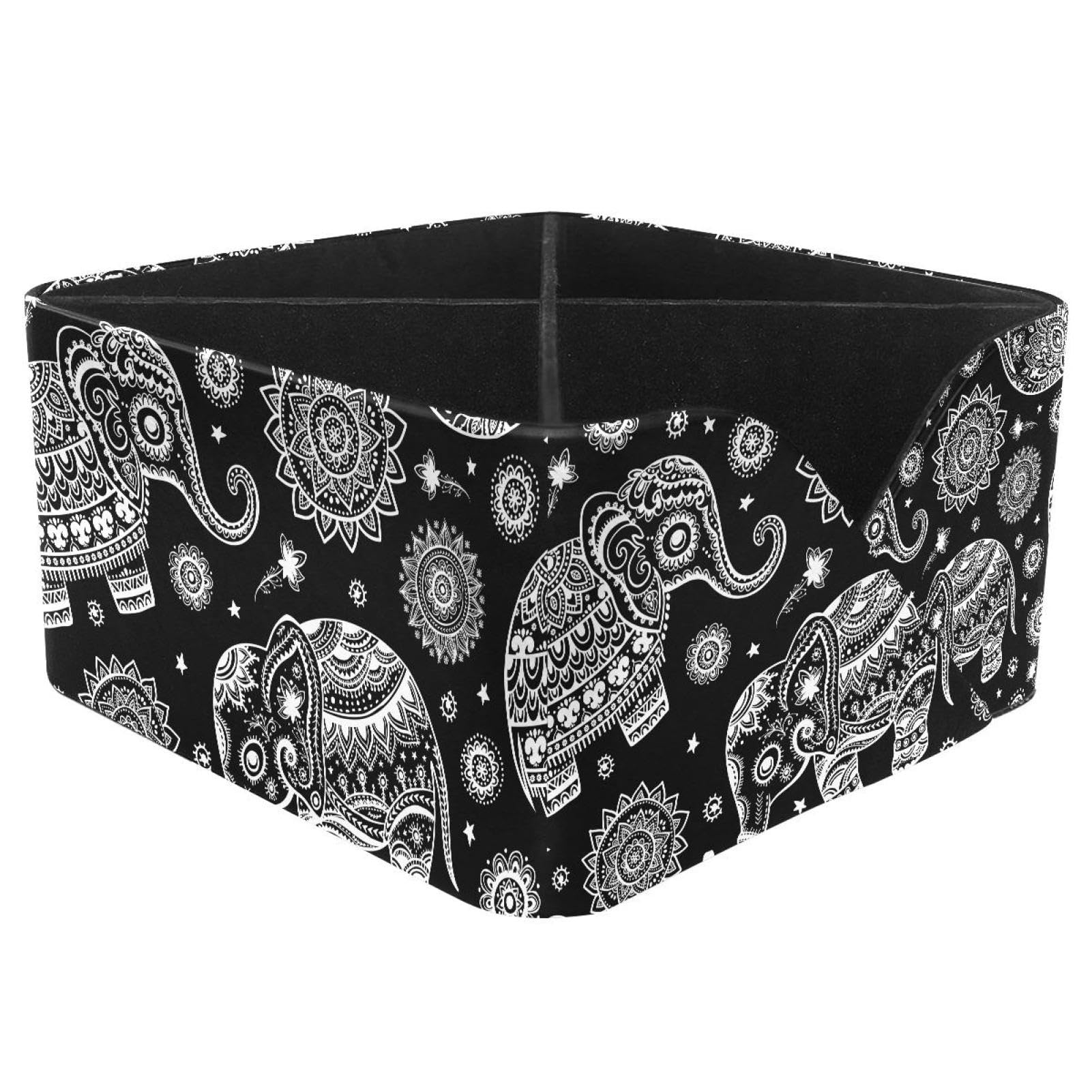 KengjuTesu African Tribal Vintage Indian Ethnic Elephant Lotus Pattern Desktop Organizer Pen Holder, Rectangular Pencil Cup for Office, Study and Makeup Stations
