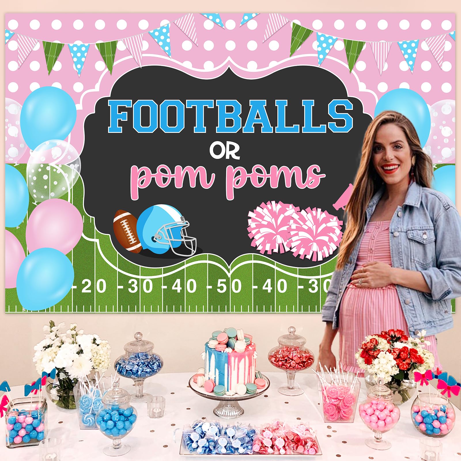 Wonmelody Football Gender Reveal Decorations 5 * 3ft Football or Pom Poms Gender-Reveal Backdrop Banner Pink and Blue Gender-reveal Soccer Baby Shower Party Decorations for Sport Baby Shower - Image 4