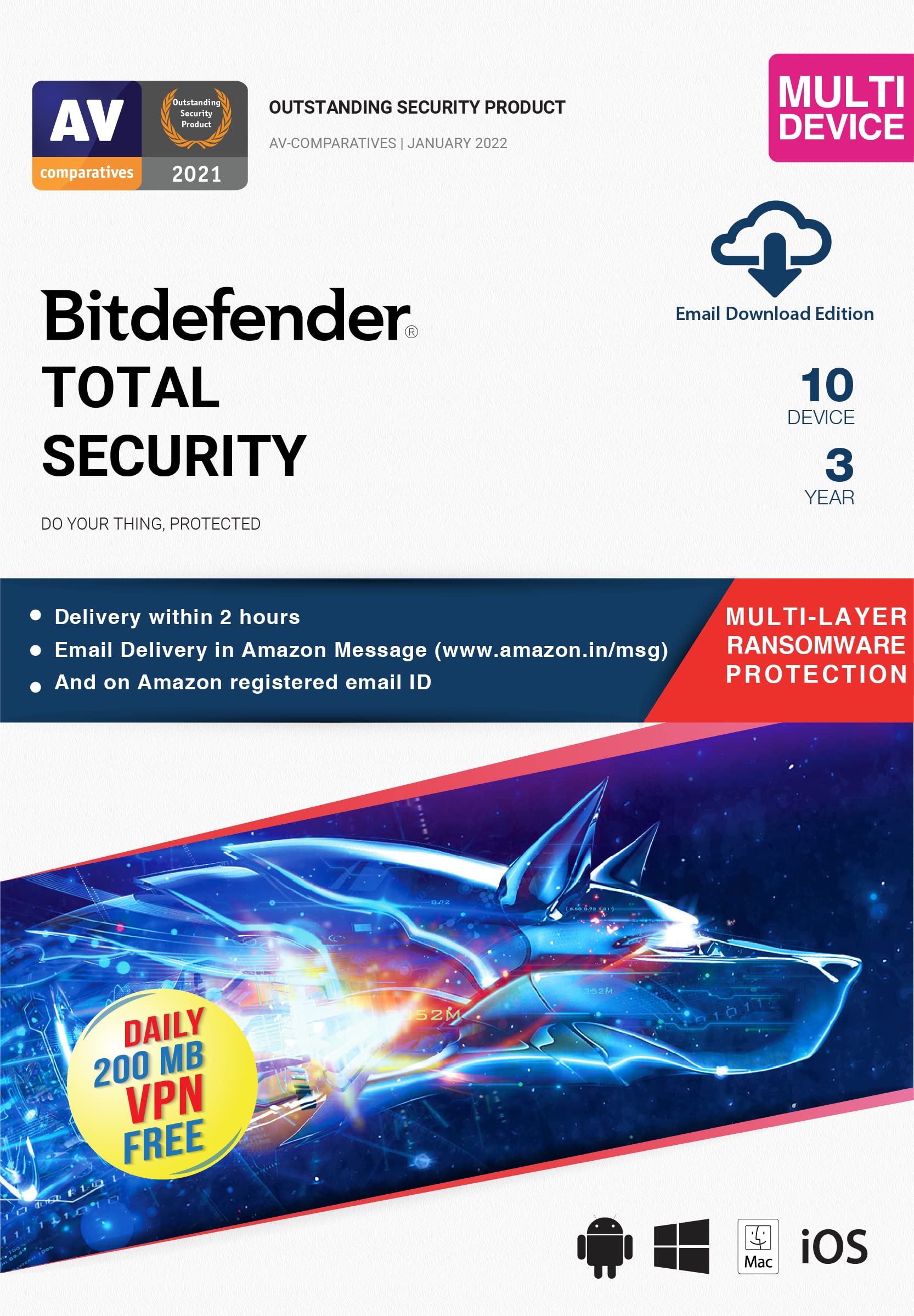 Bitdefender - 10 Devices,3 Years - Total Security | Windows| Mac| Android|iOS | Latest Version |(Single Activation Code) Email Delivery in 2 Hours- No CD |
