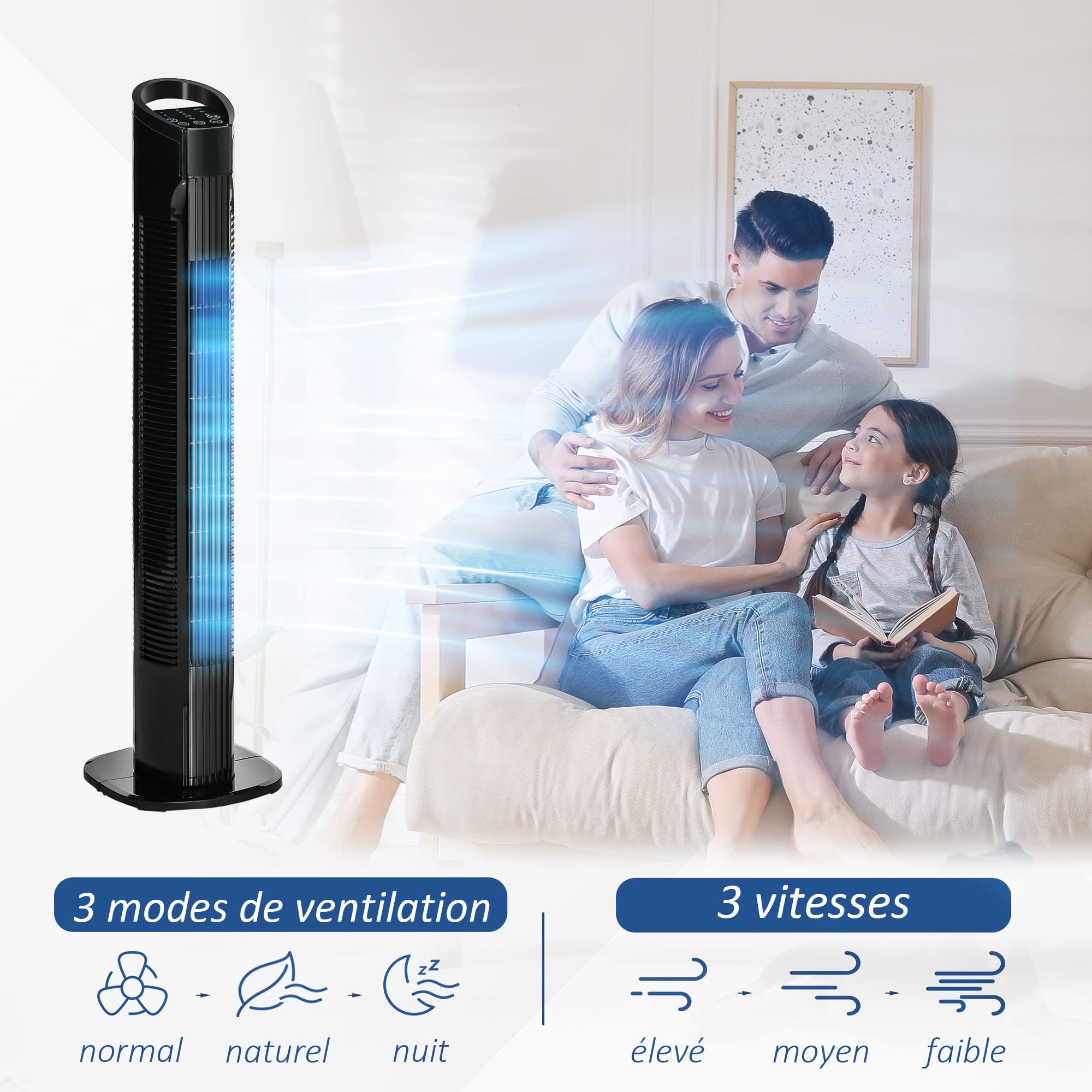 HOMCOM Ventilateur colonne silencieux 50 W, ventilateur tour pour chambre avec 3 modes 3 vitesses, télécommande, oscillant 70°, minuterie et contrôle tactile, 78,5H cm noir