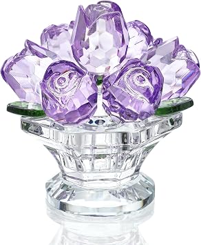 H&D HYALINE & DORA Handcraft Crystal Purple Rose Flower Figurine with Crystal Base, Glass Rose Flower Gift for Women on Christmas Day Mothers Day Wedding Party Valentines Day