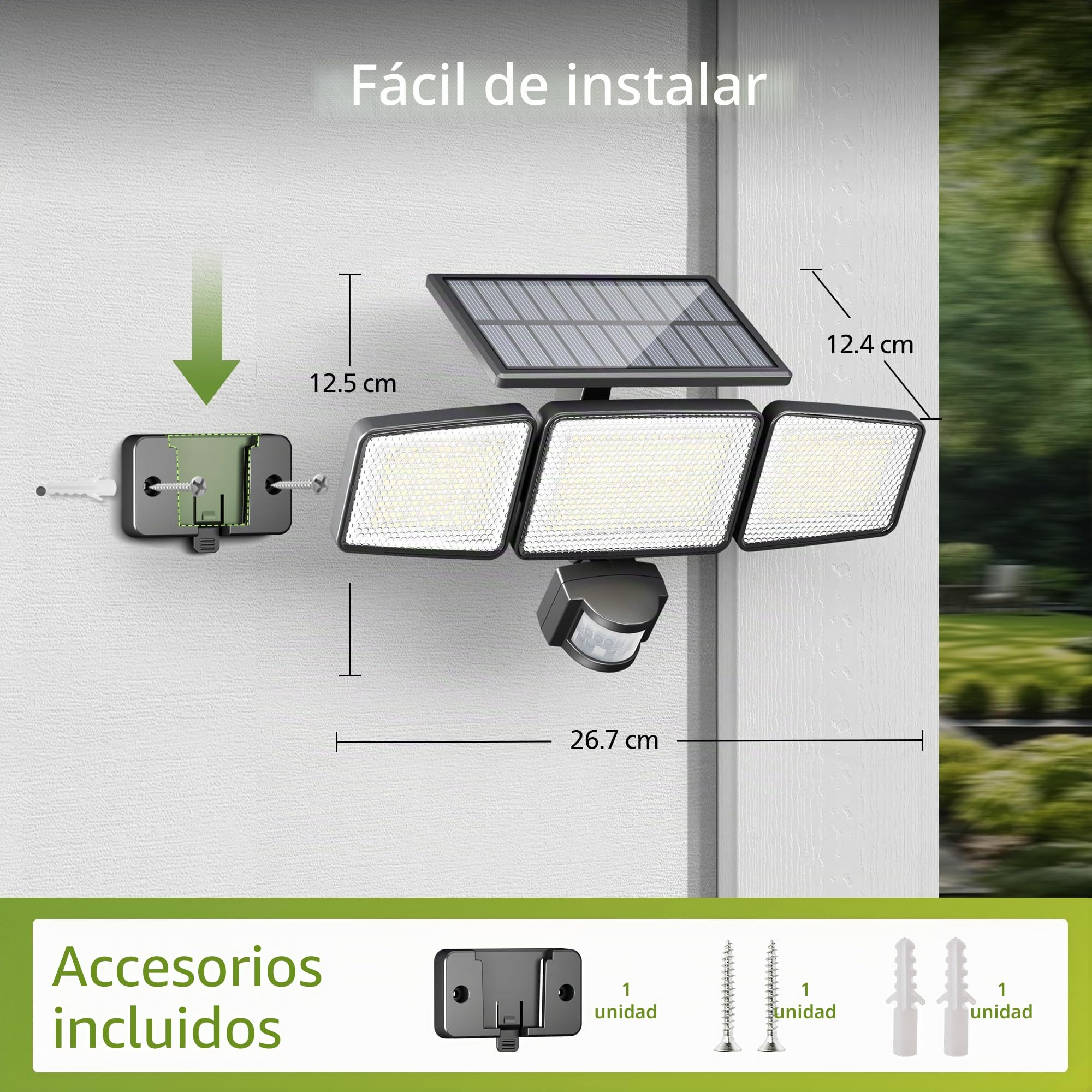 Philips Lámpara de seguridad solar exterior 302 LED 1200 lm, proyector de pared impermeable con sensor PIR, 3 cabezas, IP65, 3 modos