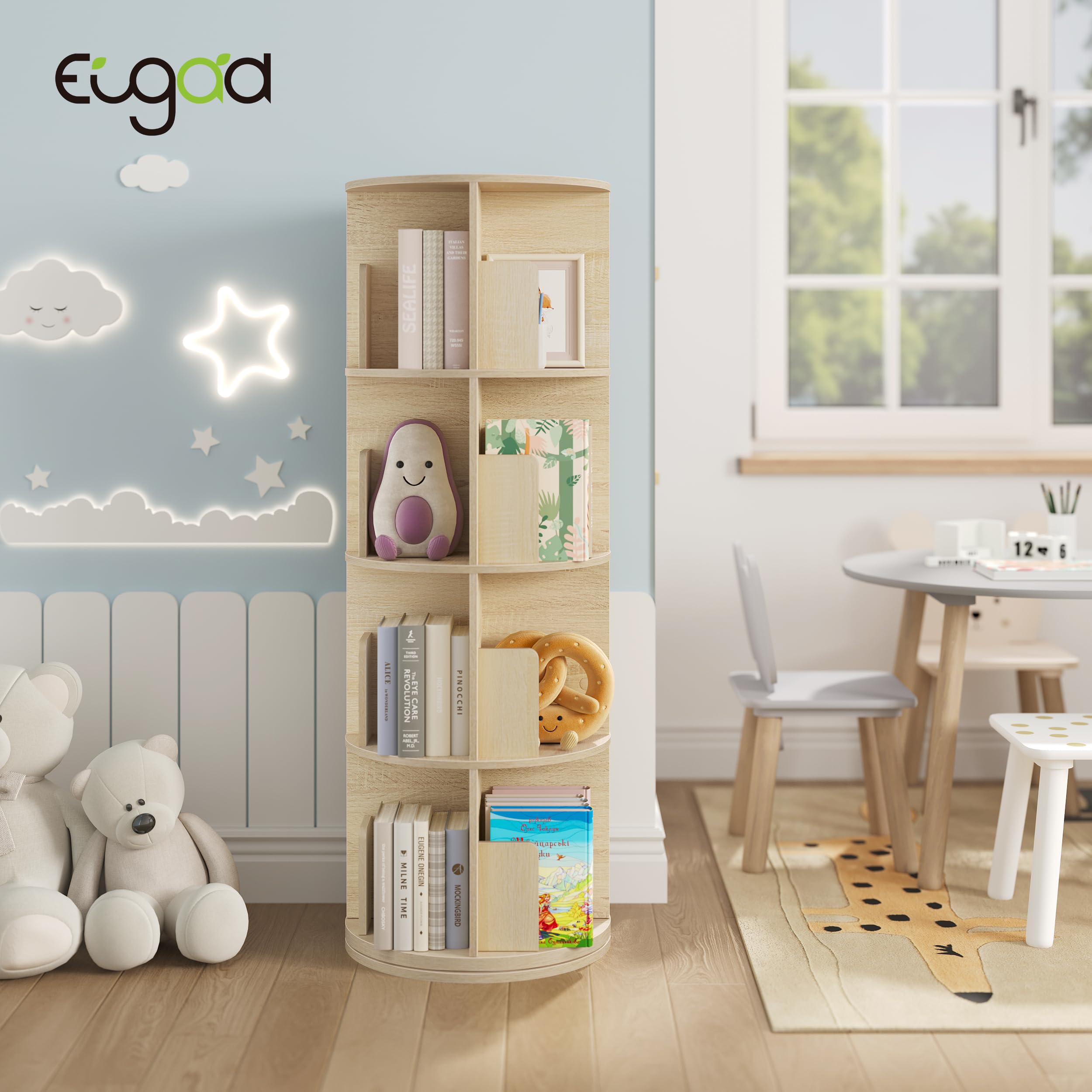 EUGAD Estanteria Giratoria, Libreria de 4 Niveles, Estanteria de Libros de 16 Comportamientos, Estante Almecenaje para Oficina, Salón, Habitación Infantil y Estudio, Roble Claro