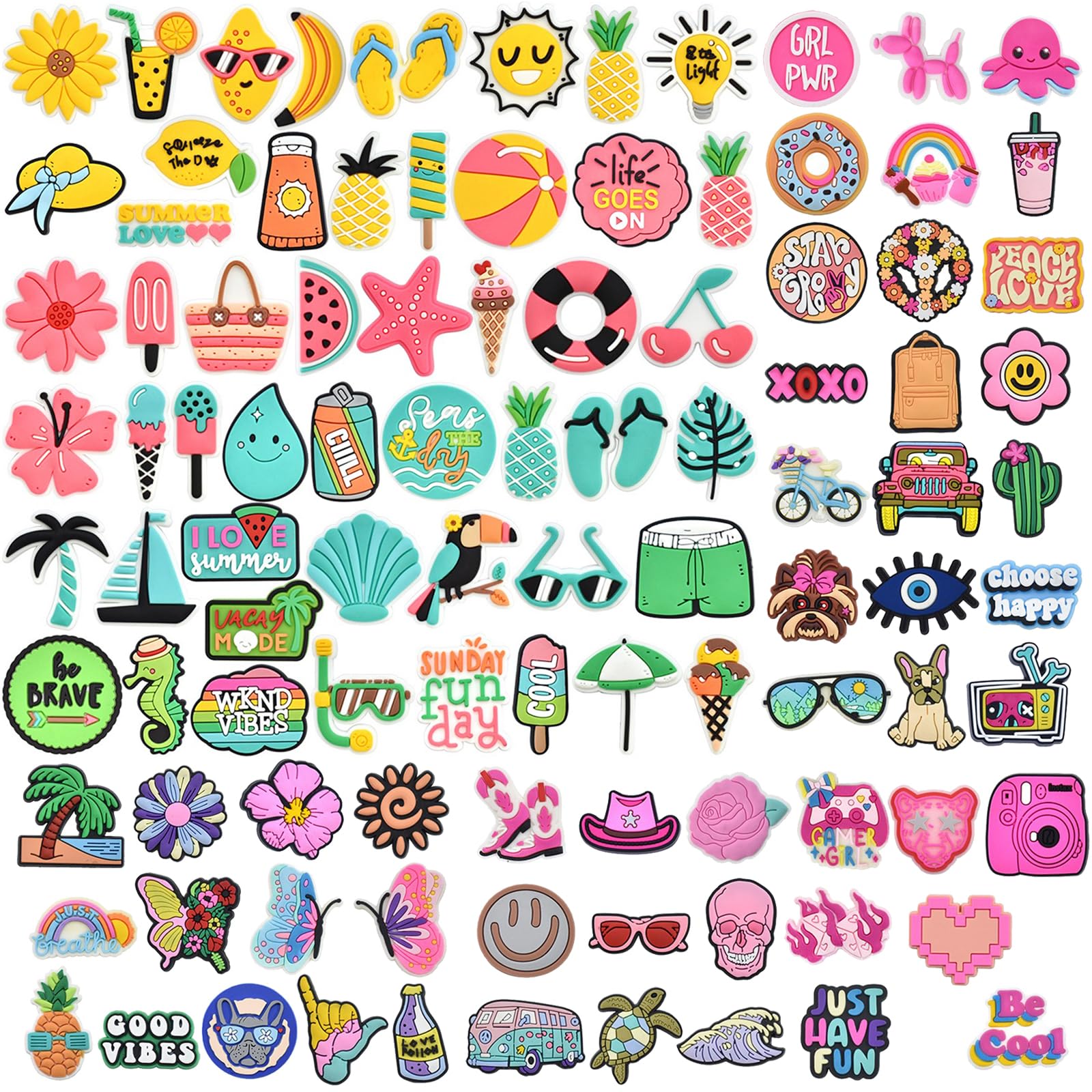 JSTHHTT 100 Piezas Adornos para Zapatos,Dijes de Zapatos de Playa Frescos de Verano, Pins Decorativos de Dibujos Animados, Adornos de Zapatos Unisex, Decoración de zapatos para Adultos, Niños y Niñas